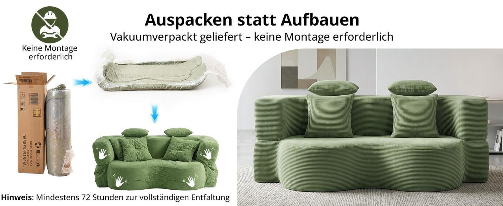 Sofa 3-Sitzer mit Schlaffunktion, 196 cm Komfortables Schlafsofa aus Cord, bis 450kg belastbar, ohne Montage, Bettcouch, Couch Gästebett, platzsparend