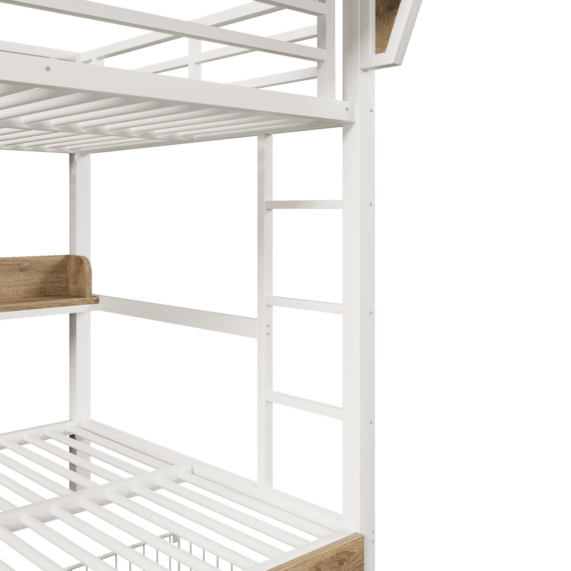 Merax Etagenbett Hochbett 140x200 cm, Metallbett mit LED Beleuchtung, 2 Schubladen, Ablagebord, Aufbewahrungskorb, Stauraum Bett, Kinderbett, Weiß