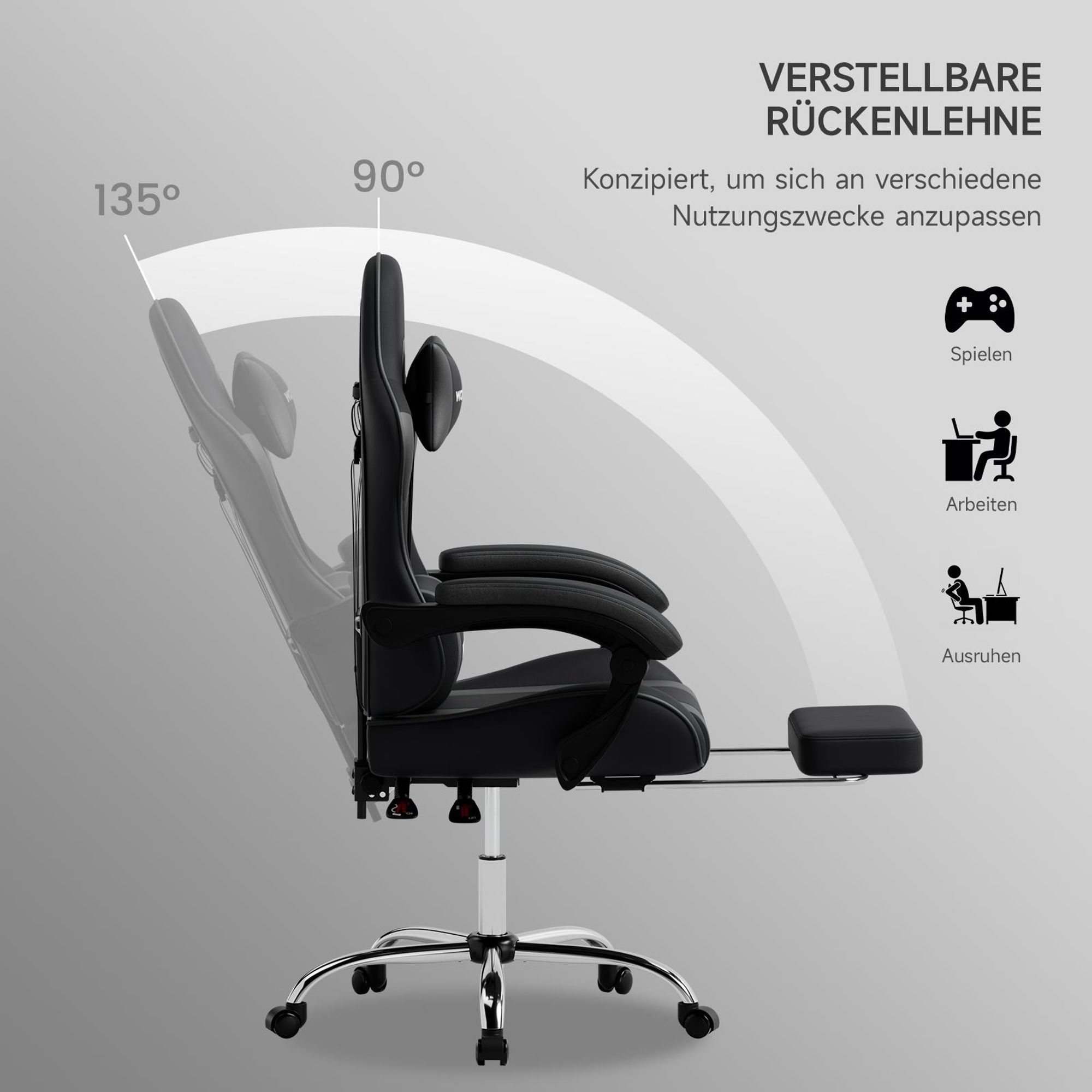 Gaming‑Stuhl mit verstellbarer Rückenlehne 90‑135°