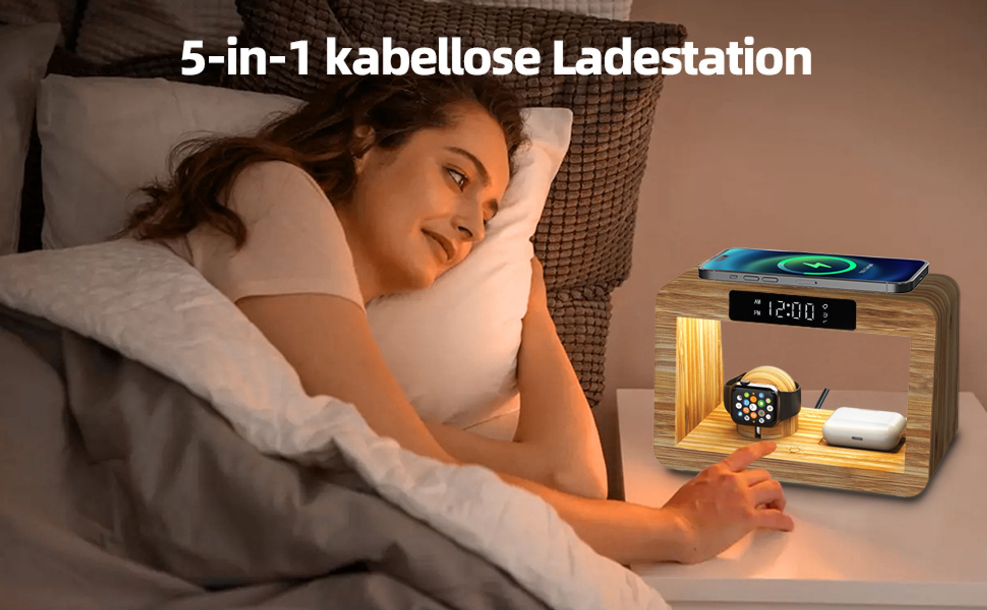 Wireless Ladestation mit Wecker Digital & Nachtlicht,5 in 1 Kabelloses Schnell-Ladegerät mit Adapter und Kabel, für iPhone, AirPods Pro, Apple Watch