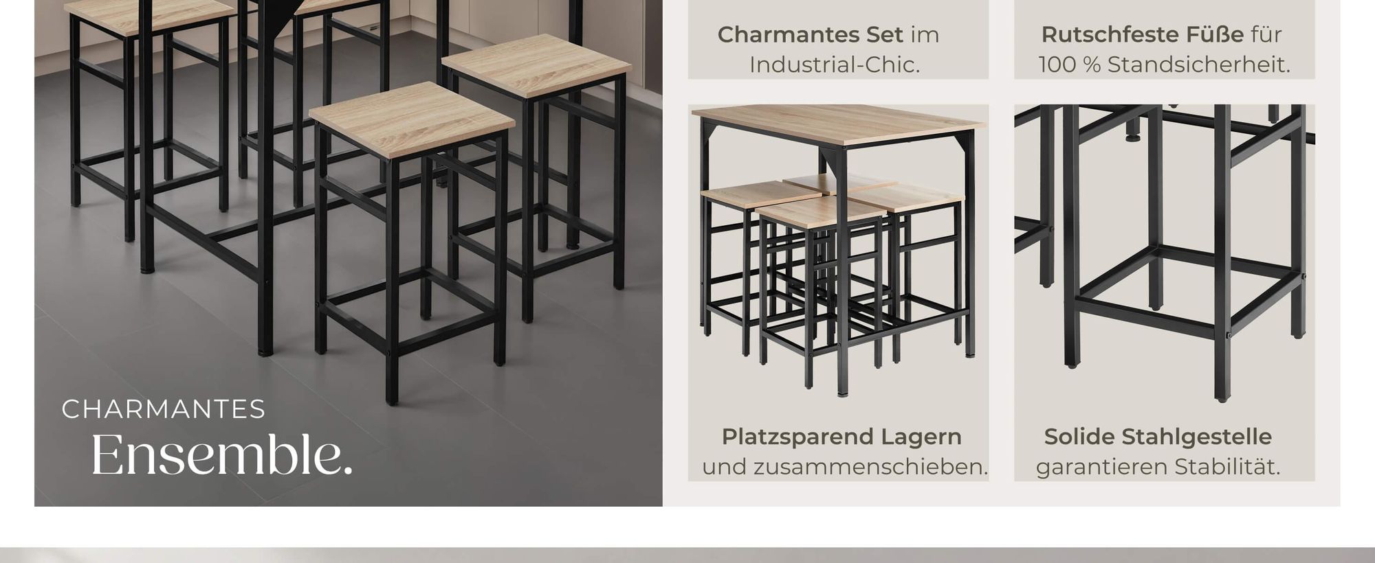 tectake® Bartisch-Set Edinburgh 5-teilig mit höhenverstellbaren Kunststofffüßen