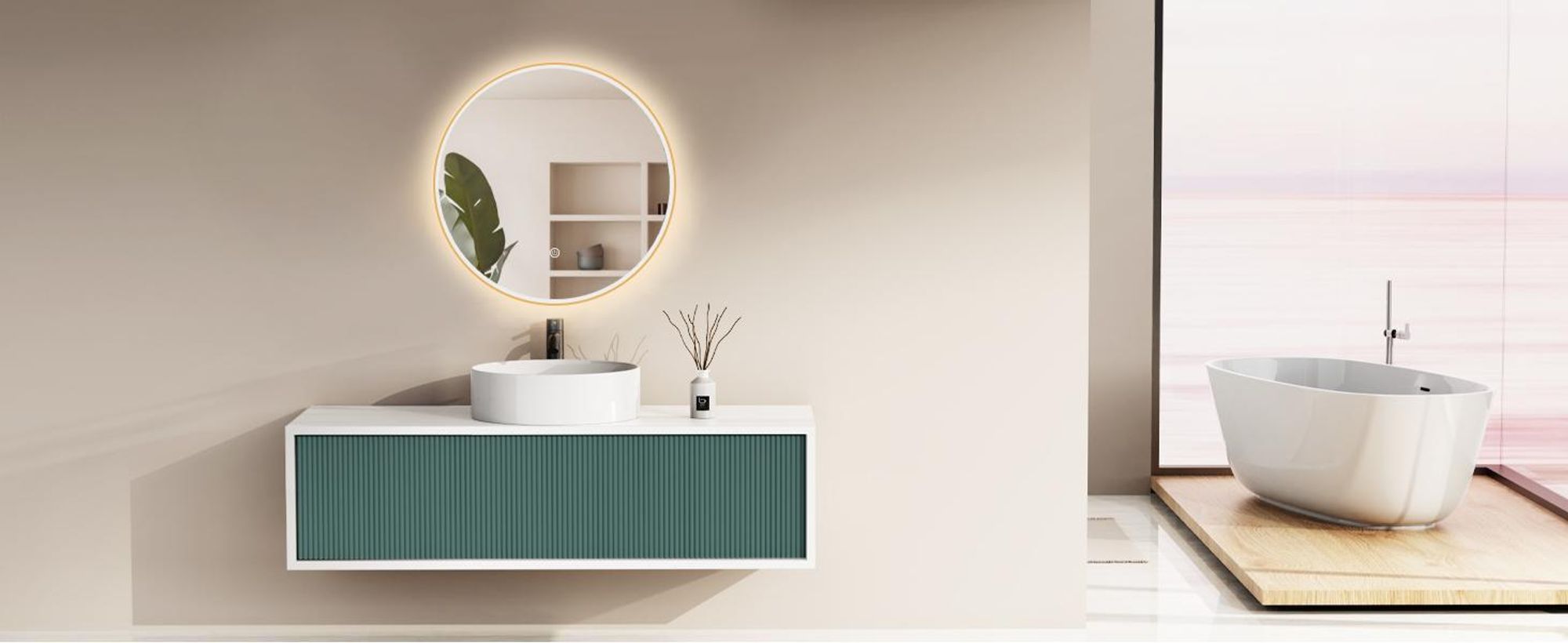 Miroir de salle de bain LED rond HOKO, diamètre 80 cm, avec cadre doré, fonction anti-buée, interrupteur tactile, mémoire, variation de couleur de 2700 à 6500 K, indice de protection IP44, couleur Marsala