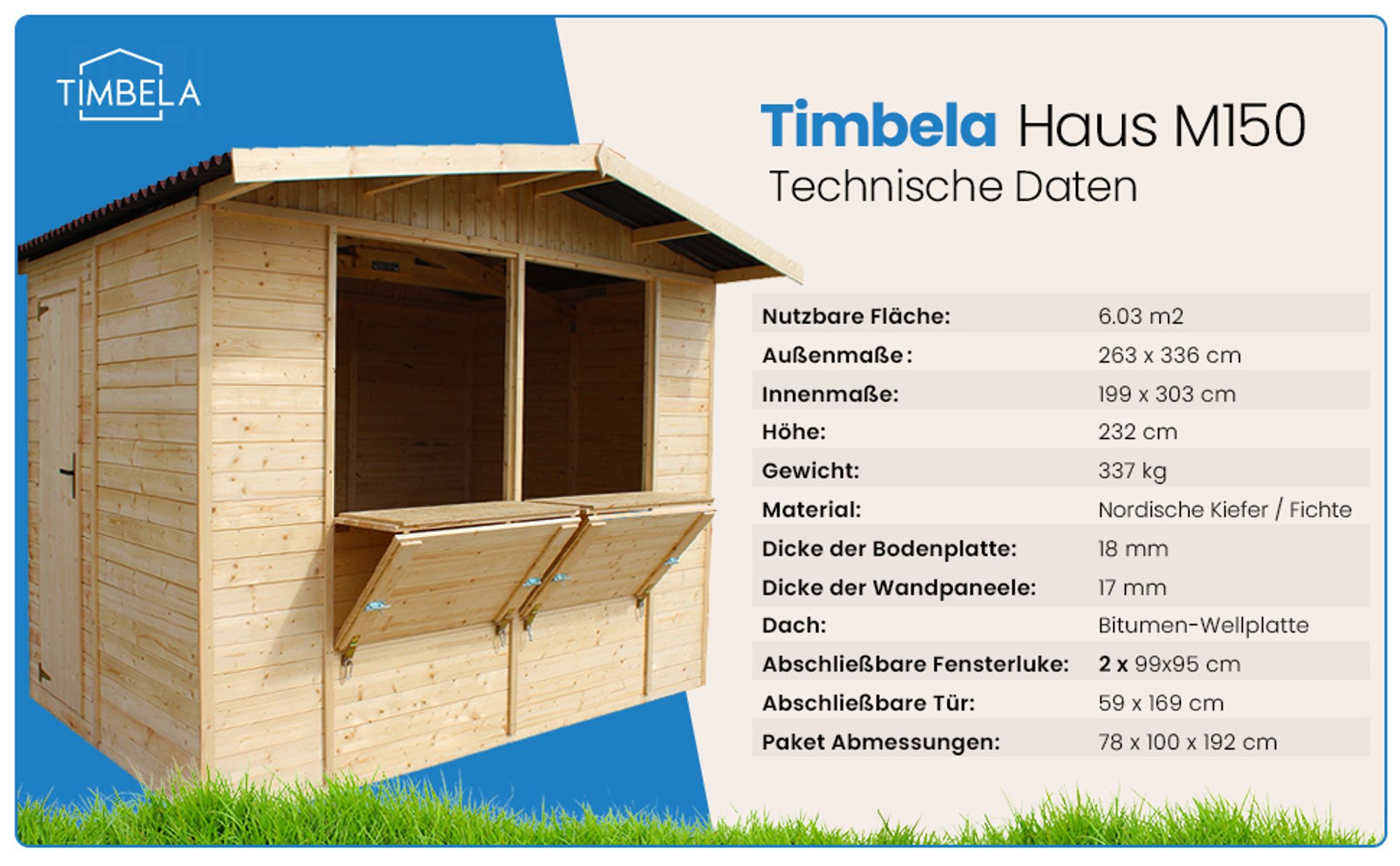 TIMBELA M150 Holz Gartenhaus, Marktbude Holz, Qualitäts Schiffslatten Kiefern Fichte Verkaufsstand Holzhaus mit Theke, ZWEI FENSTER, H232x336x263 cm/6 m2, große multifunktionale Garten-Bar Verkaufshütte Verkaufsstände aus Holz