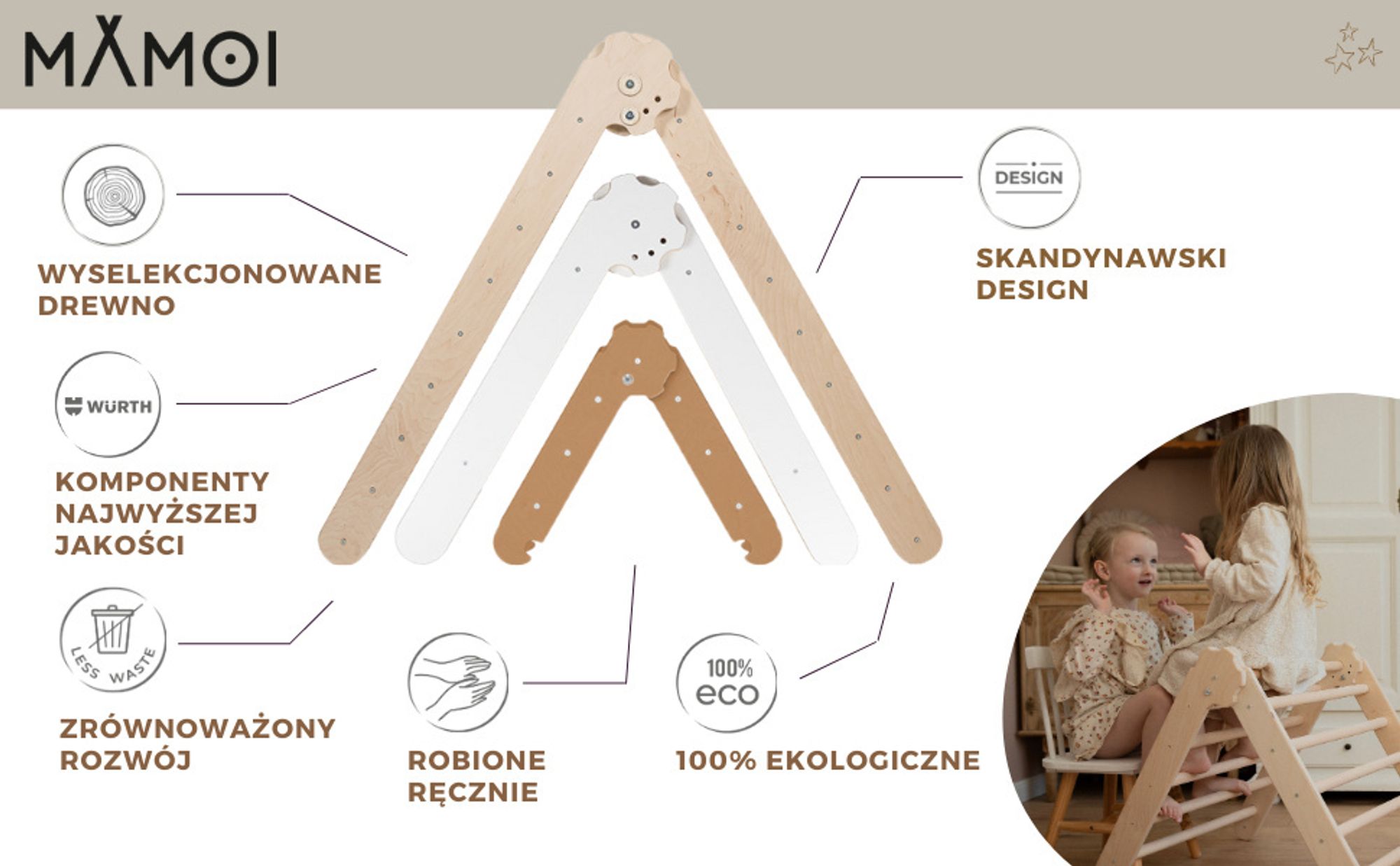 MAMOI® Trójkąt wspinaczkowy dla dzieci | Drewniana drabinka dla dzieci Trójkątna drabinka | Wielofunkcyjny trójkąt wspinaczkowy montessori | Piramida