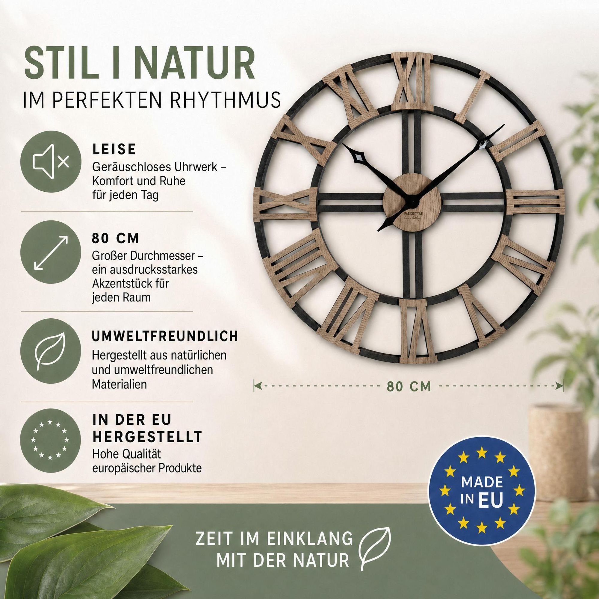 Groß wanduhr XXL ohne tickgeräusche LOFT Grande Schwarz und Eiche Holz Holzoptik 80cm durchmesser römische Zahlen Wohnzimmer Schlafzimmer