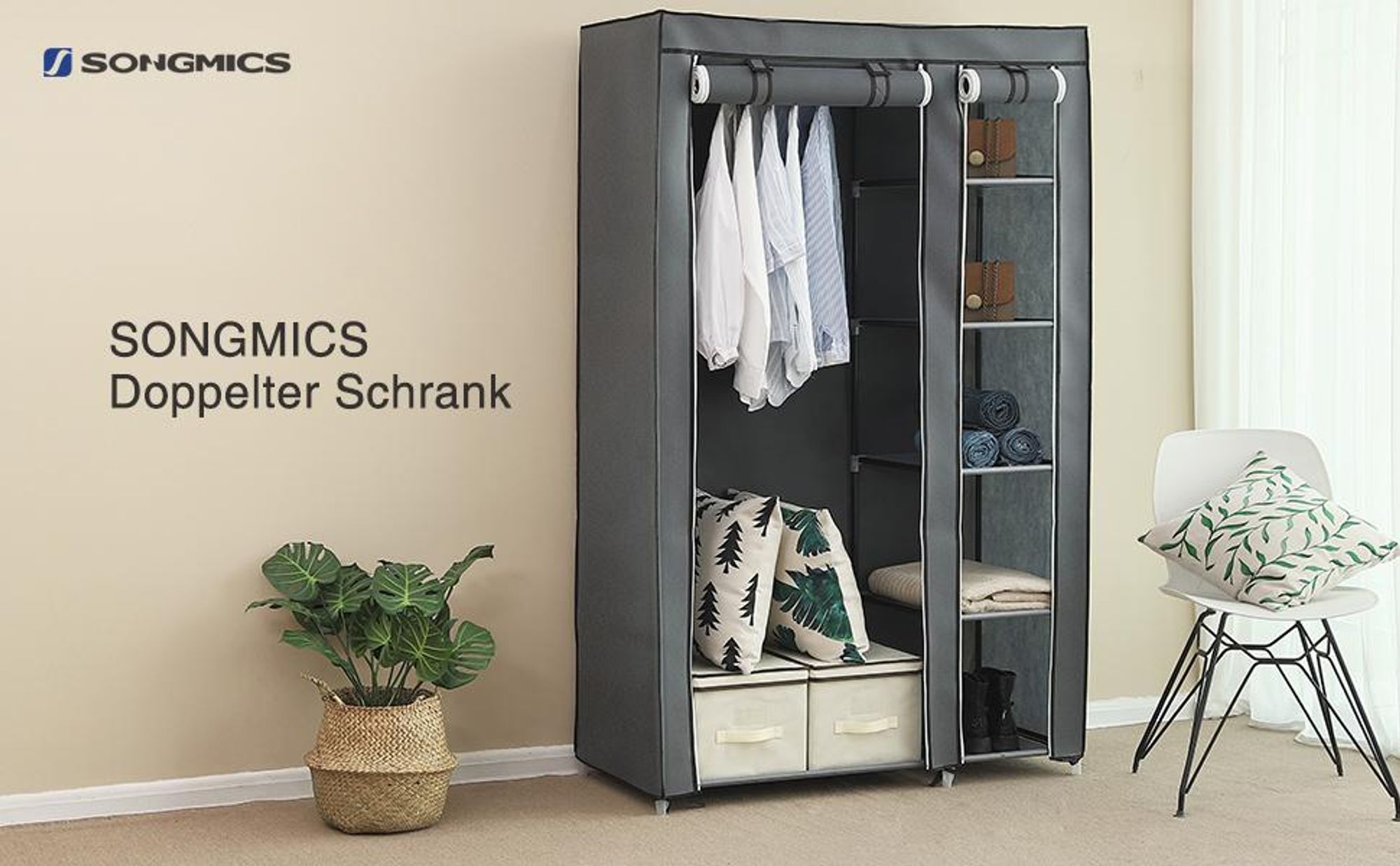 SONGMICS XL Kleiderschrank Stoffschrank Faltschrank mit Kleiderstange