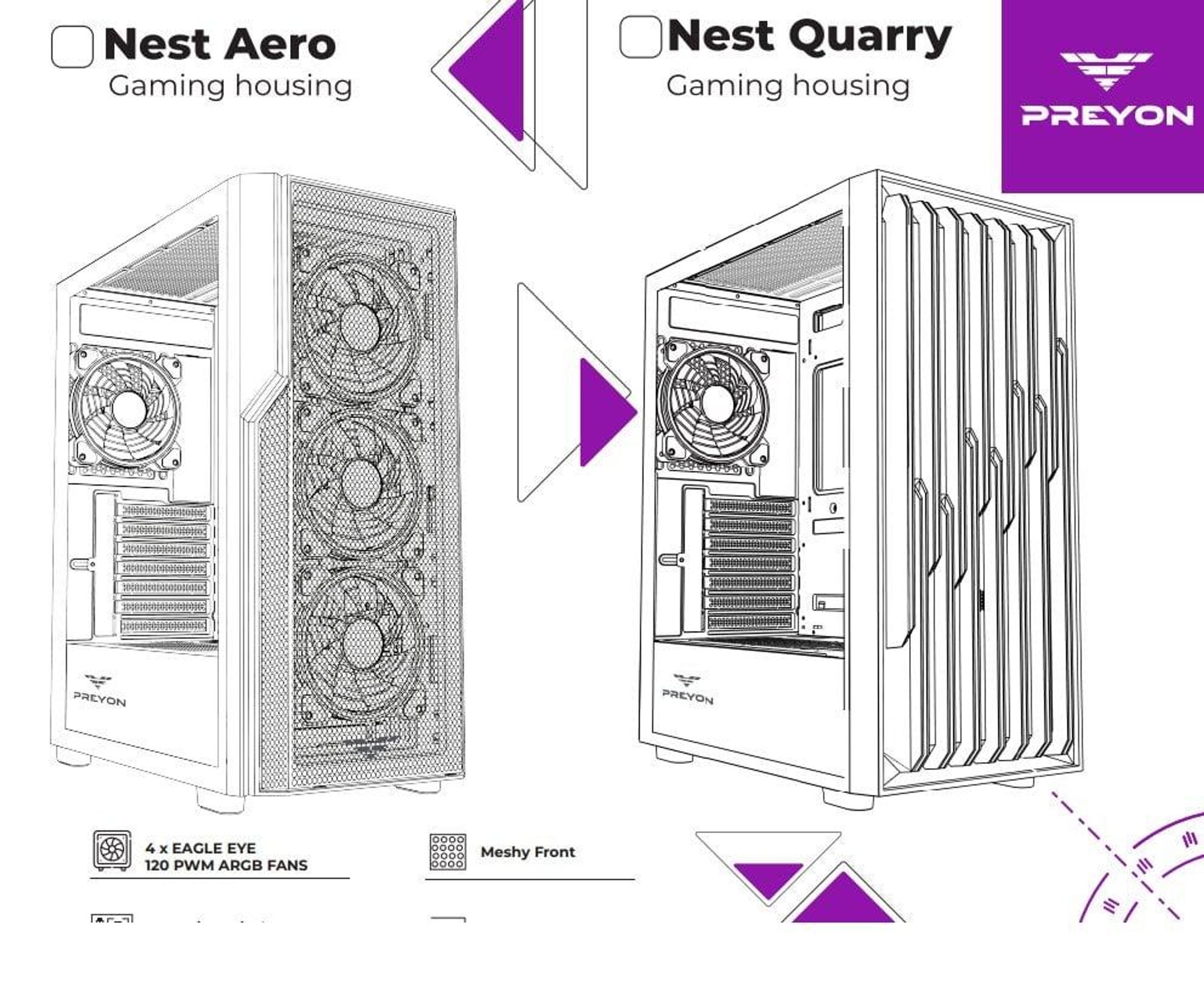 PREYON Nest Aero Gaming PC Gehäuse – E-ATX Midi Tower mit 4x120mm ARGB PWM Lüftern & Controller – Tempered Glass Sichtfenster, Mesh-Front, Staubfilter
