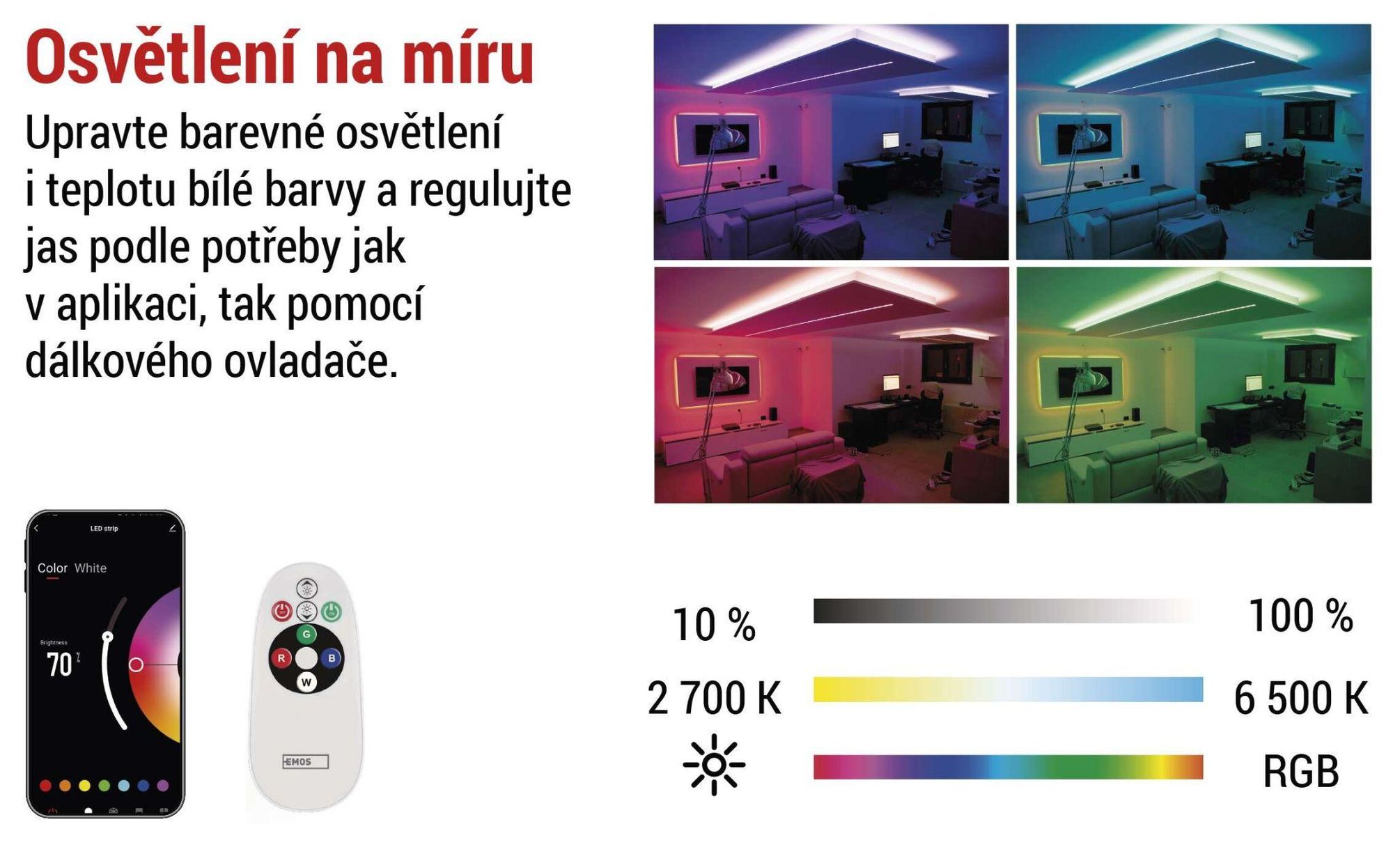 EMOS Smart LED Strip RGB/CCT 2 m, LED pásek s dálkovým ovládáním a aplikací, 16 mil. barev, synchronizace s hudbou, vč. 1,5 m kabelu a adaptéru