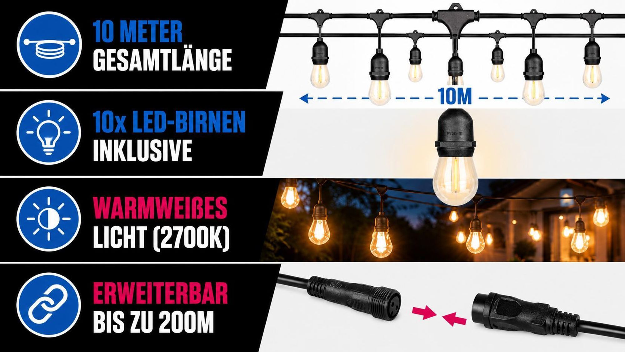 XUDO Outdoor Lichterketten 10m – 2700K Warmweiß – 10 Glühbirnen E27 – Hängelampen – Außenbeleuchtung für Terrasse – Garten – Balkon – Party