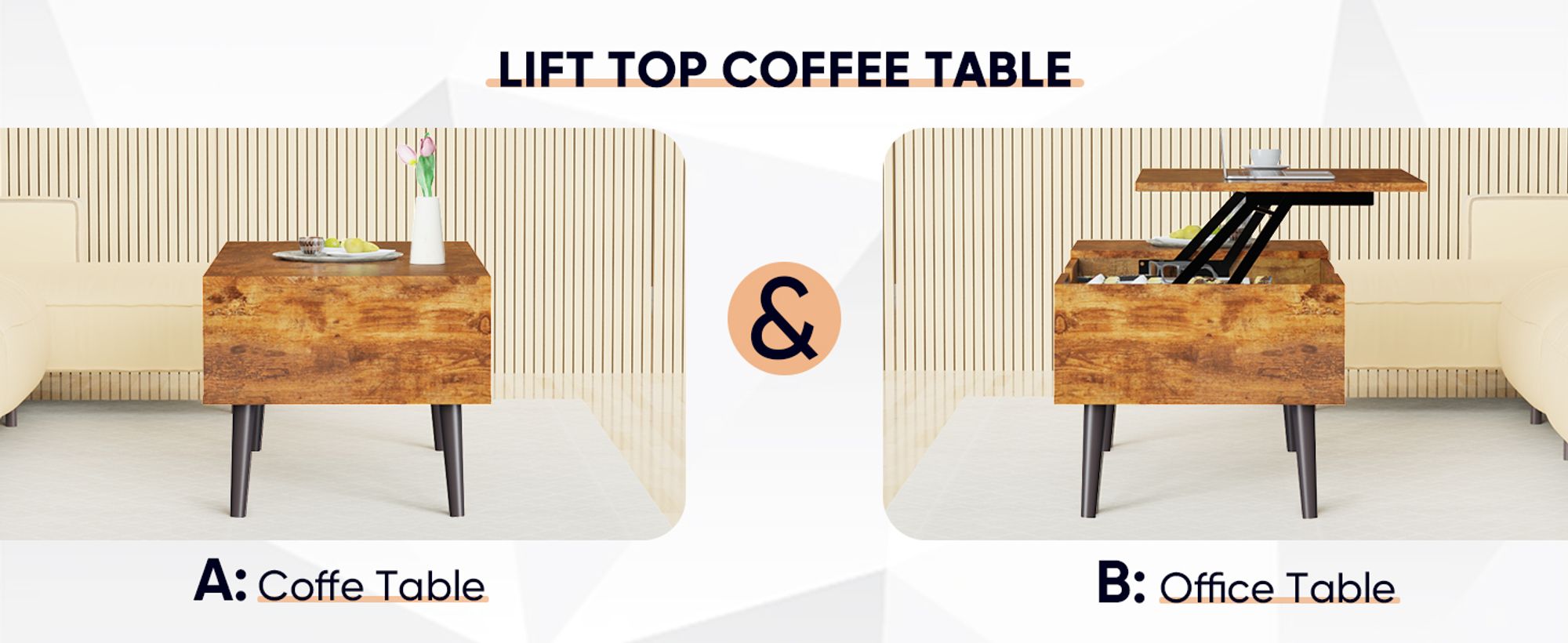 Sweetcrispy Couchtisch Höhenverstellbar, Qualität Wohnzimmertisch, Multifunktionales Coffee Table Ausziehbar, Couchtisch mit Stauraum,   (Braun)