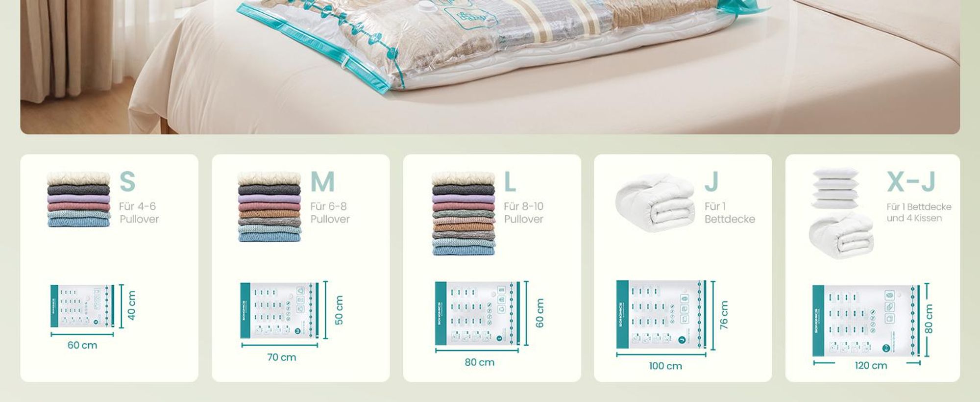 SONGMICS Vakuumbeutel Set, 6 wiederverwendbare Aufbewahrungsbeutel für Kleidung, platzsparend, M, transparent