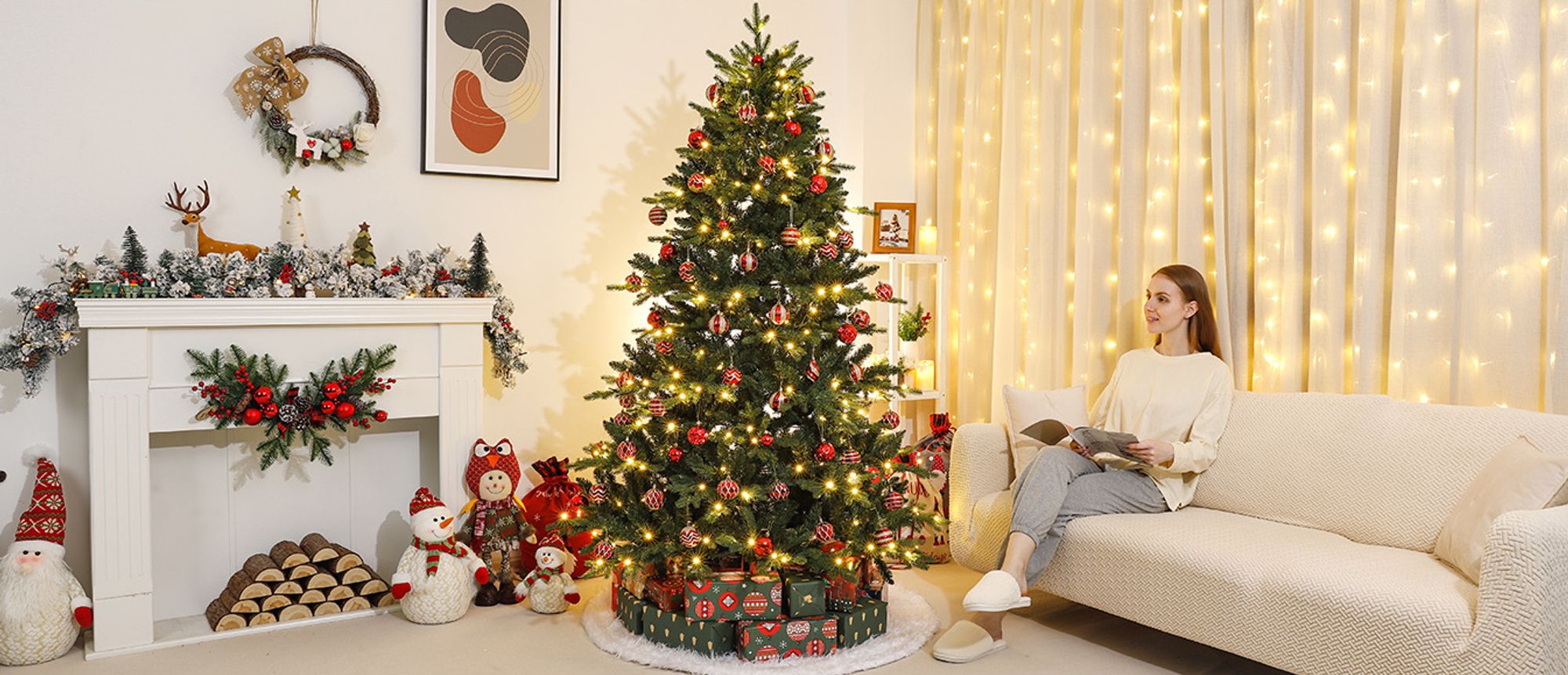 Yorbay künstlicher Weihnachtsbaum Nordmanntanne mit Beleuchtung LED Tannenbaum mit Holzständer für Weihnachten-Dekoration, aus PE und PVC, Mehrweg (210cm)