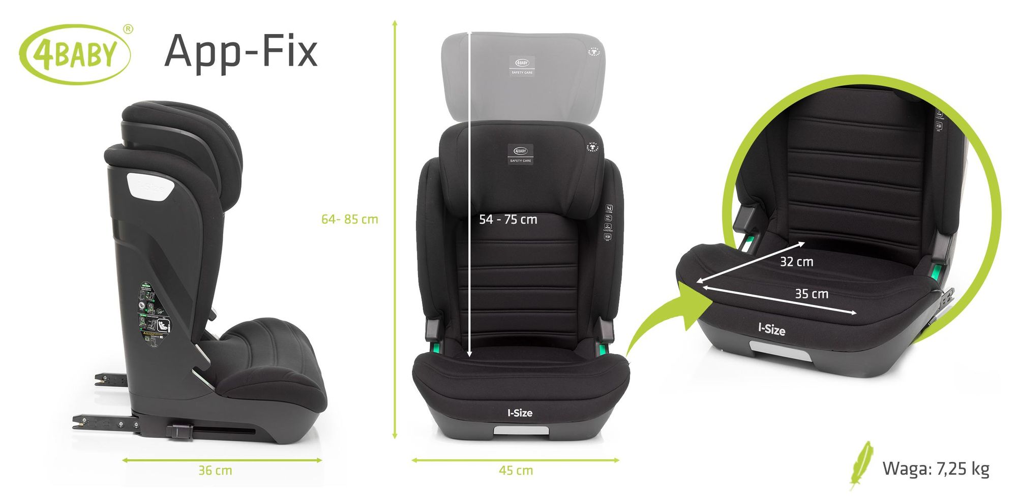 4Baby | Dětská autosedačka - od 3 let - ISOFIX, i-Size, 15-36 kg, 105-150 cm, nastavitelná opěrka hlavy, instalace po směru jízdy - Černá - App-Fix