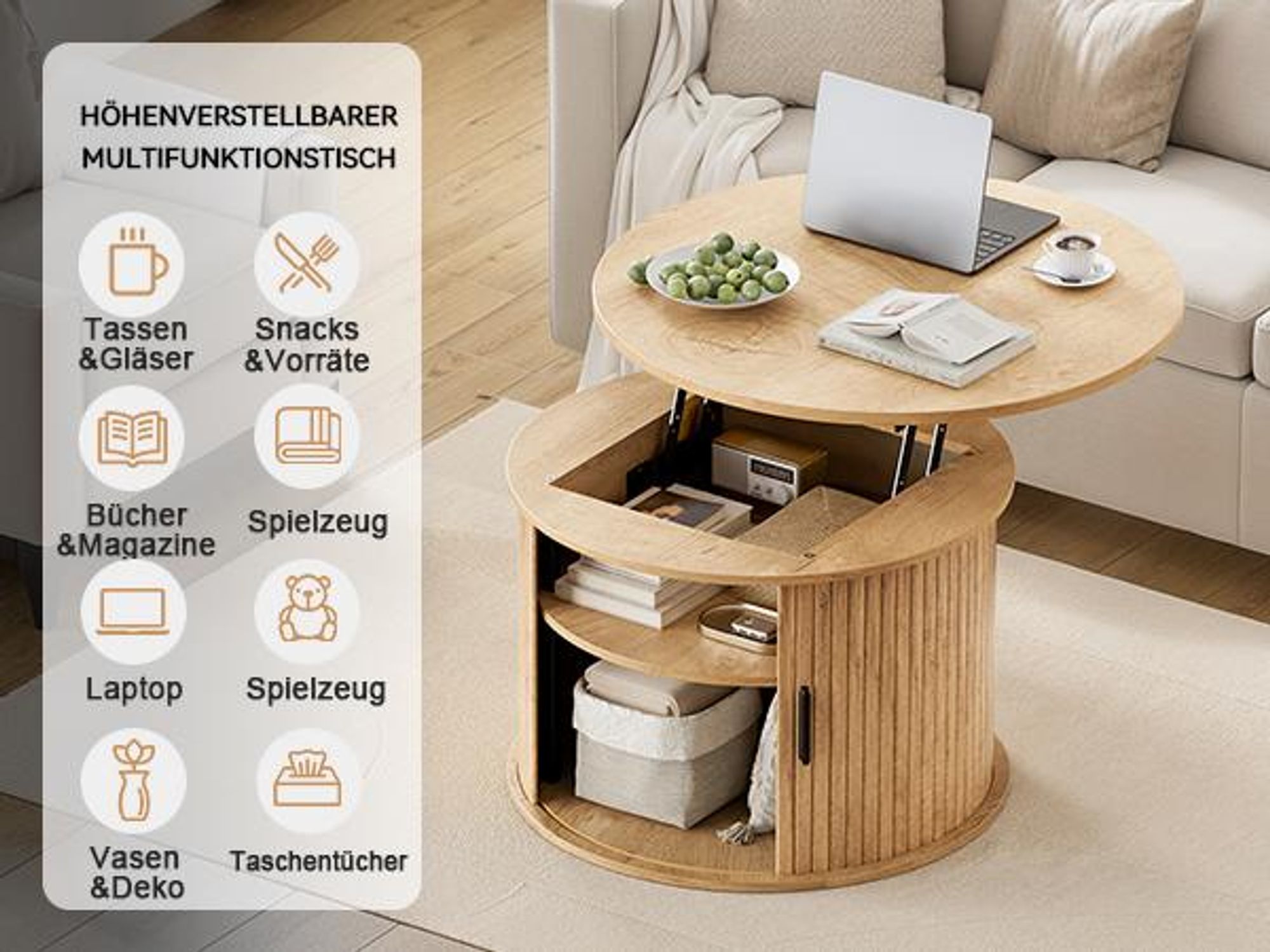 FABATO Runder Couchtisch mit Hochfahrplatte & gewelltem Holzdekor – mit verstecktem Stauraum, offenem Regal & drehbarer Schiebetür als kleiner Esstisc