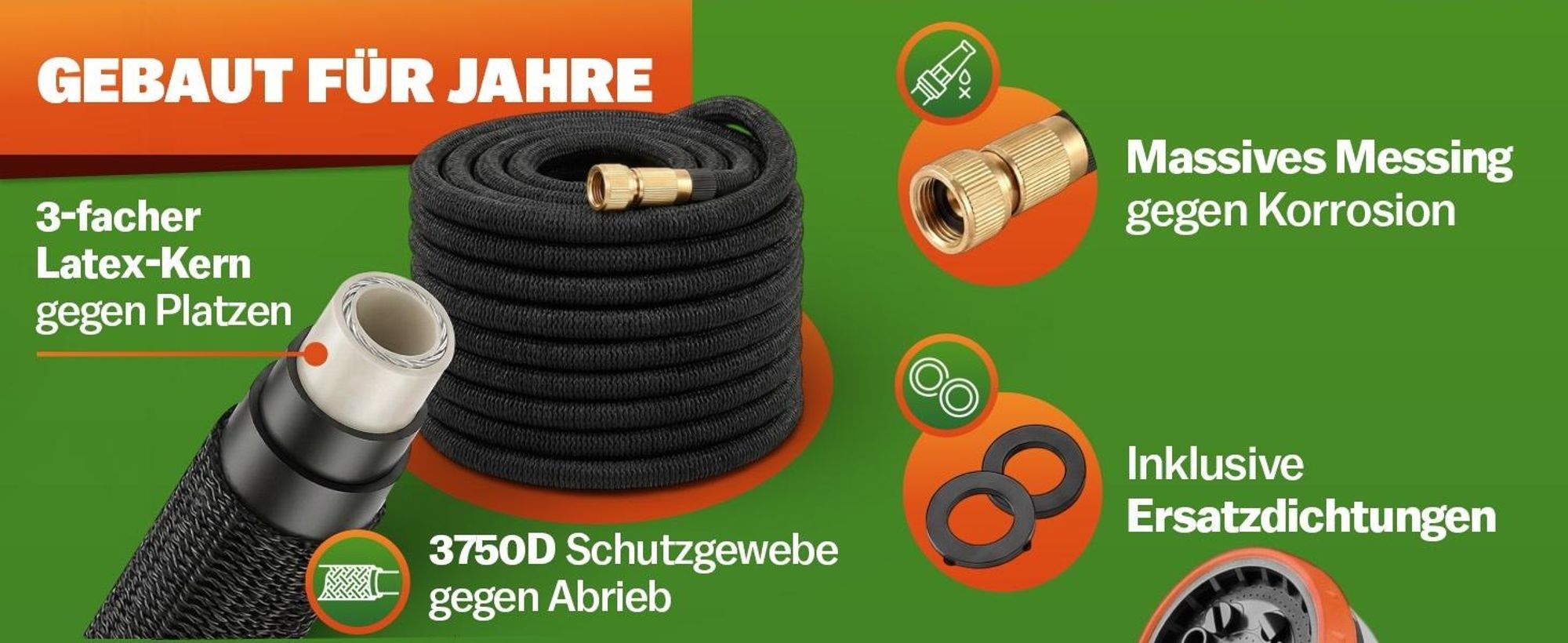 GARDEBRUK® Flexibler Gartenschlauch 22m 3fach Latexkern Vollmessing Adapter 1/2" 3/4" Zoll Wandhalterung Tasche Flexschlauch Wasserschlauch Schwarz