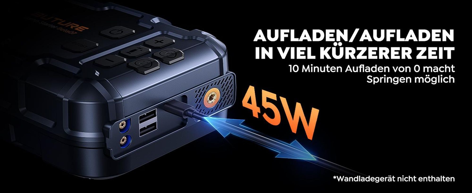 BUTURE Starthilfe powerbank für pk, 6000A Spitzenstrom, 26800mAh, 12V, 160 PSI Kompressor, Zwangsstart-Funktion, (Alle Benzinmotoren oder 12 L Diesel)