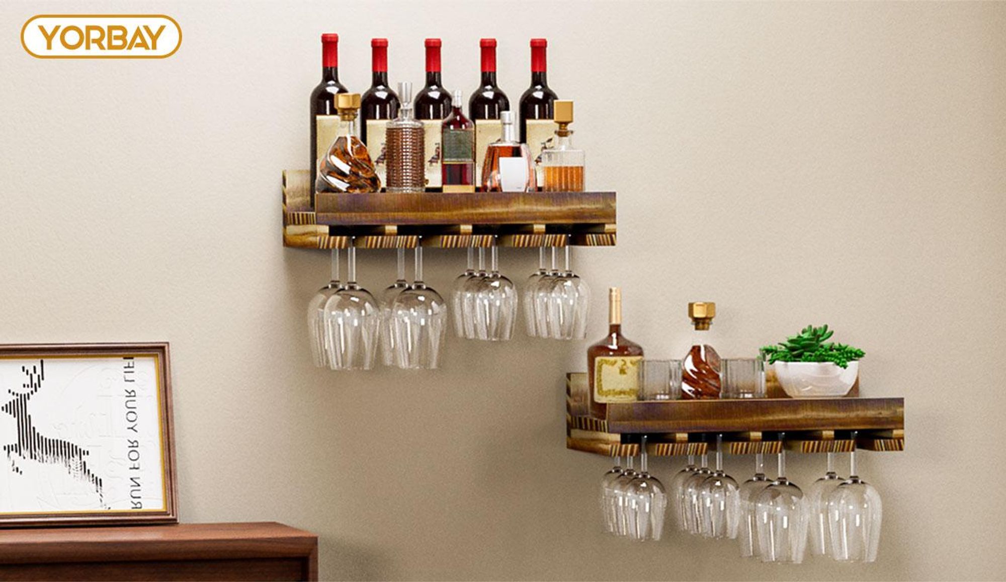 Yorbay 2-tlg Weinregal Set, Weinregal aus Holz Wandmontiertes Weinregal Wandregal für Flaschen & Gläser