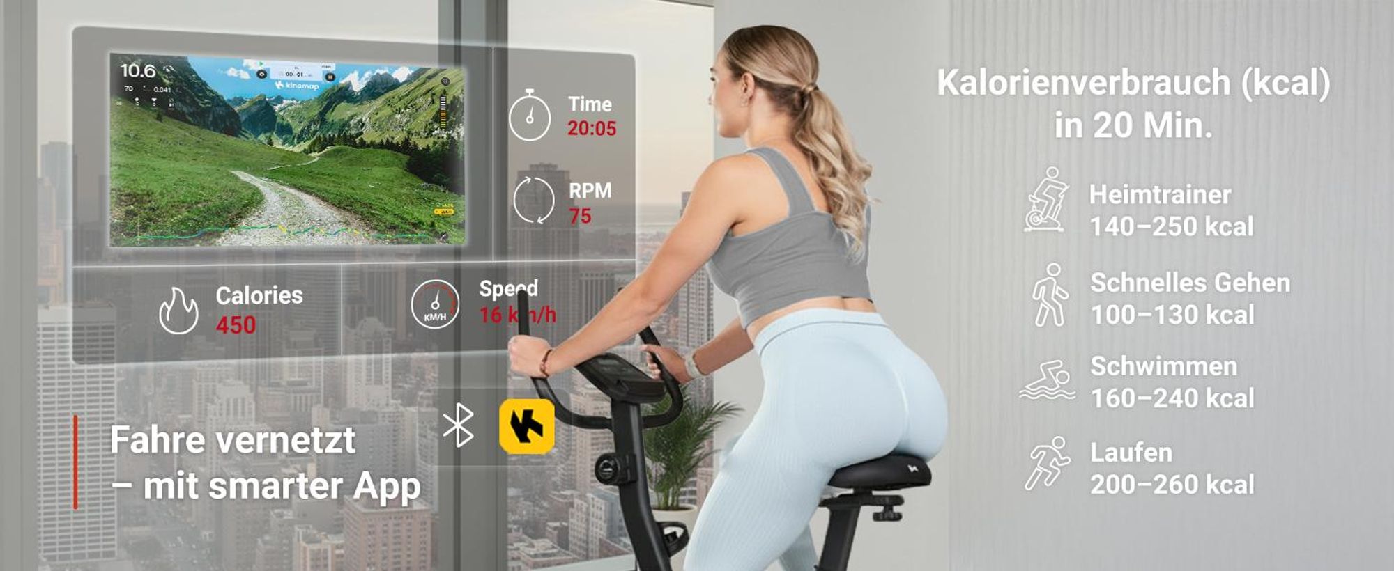 Hop-Sport Heimtrainer HS-3000H Hometrainer Fahrrad mit Magnetwiderstand, LCD-Display, Bluetooth & Kinomap, Pulsmessung, bis 120 kg belastbar, Grau