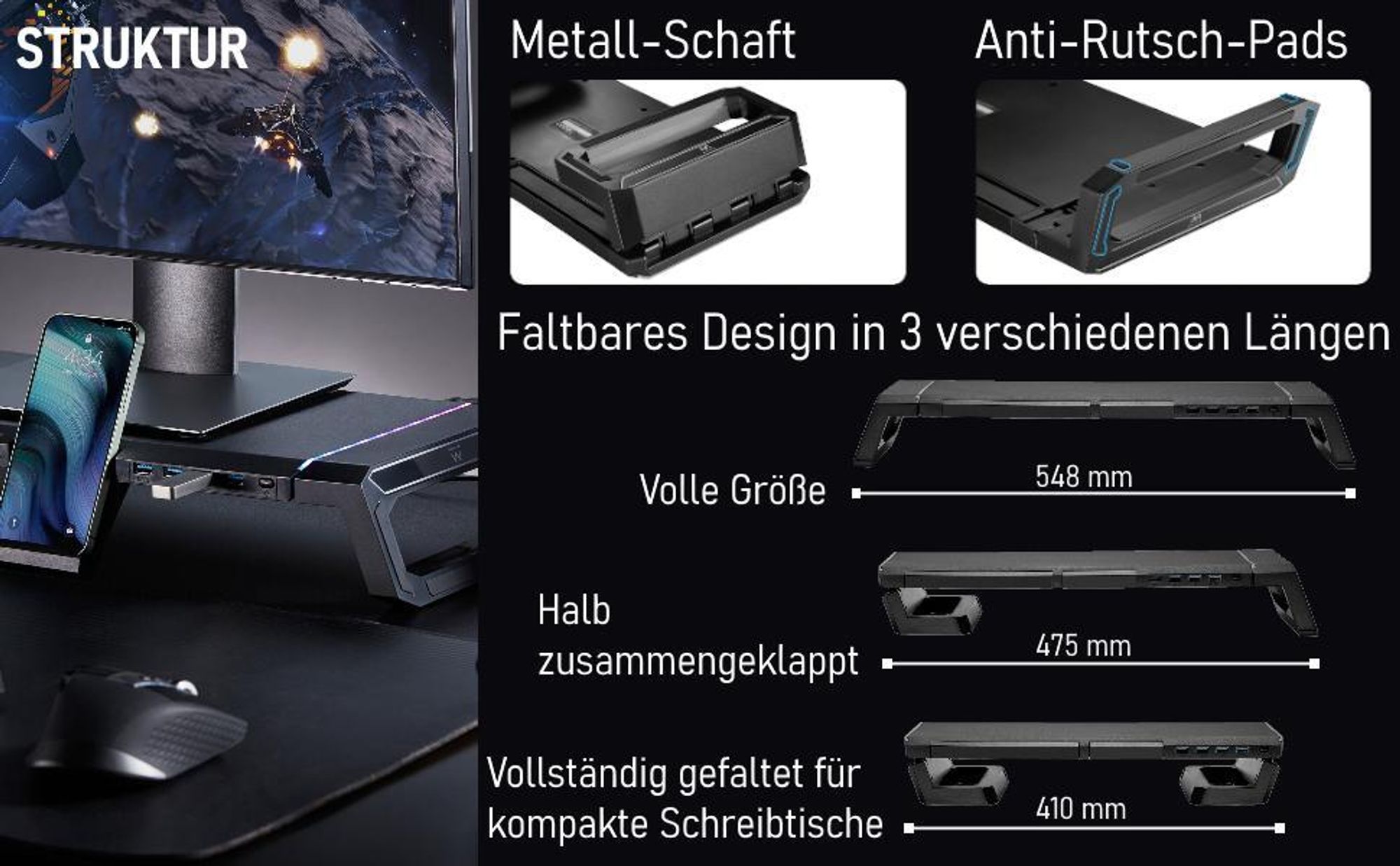 Monitorständer, Monitorerhöhung, Bildschirmerhöhung, Laptopständer, Bildschirmerhöhung mit Smartphone-Halter, mit Ablagefach und 4 USB Anschlüsse