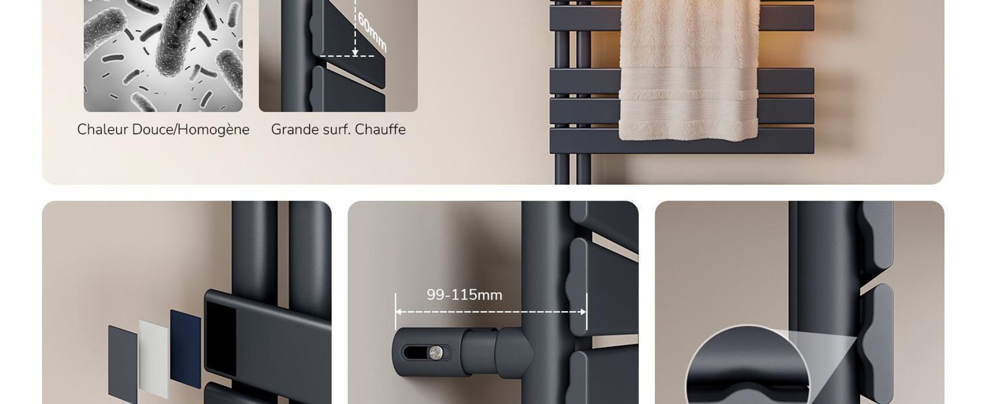 EMKE Sèche-serviettes Radiateur de salle de bains Radiateur à panneaux Raccordement latéral Montage mural Eau chaude 1041 x 600 mm Anthracite sans thermoplongeur