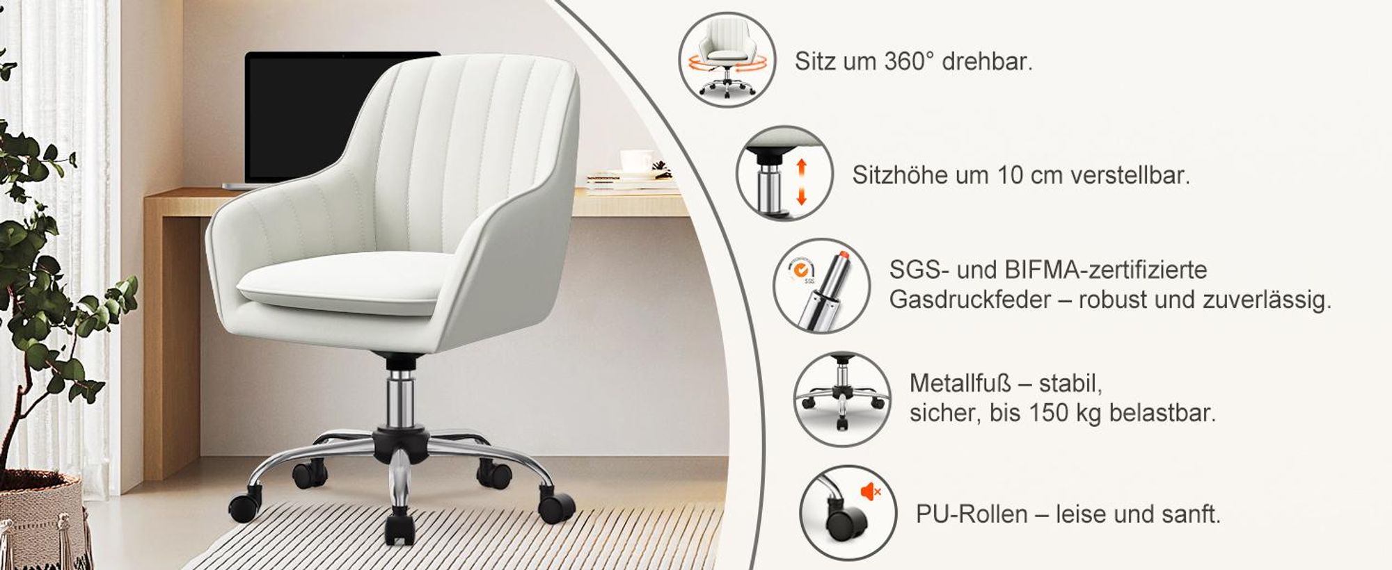 Portreen Bürostuhl, Drehstuhl,Homeoffice Stuhl,Schreibtischstuhl, bürostuhl ergonomisch, Chefsessel 150kg,Drehstuhl mit Rollen,Stuhl für Schminktisch
