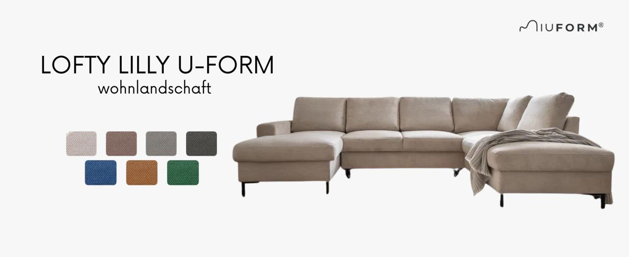 MIUFORM Lofty Lilly - Ecksofa mit Bettfunktion und Bettkasten U-FORM RECHTS - 303 x 197 cm - Beige - Sofa Schlafsofa Couch