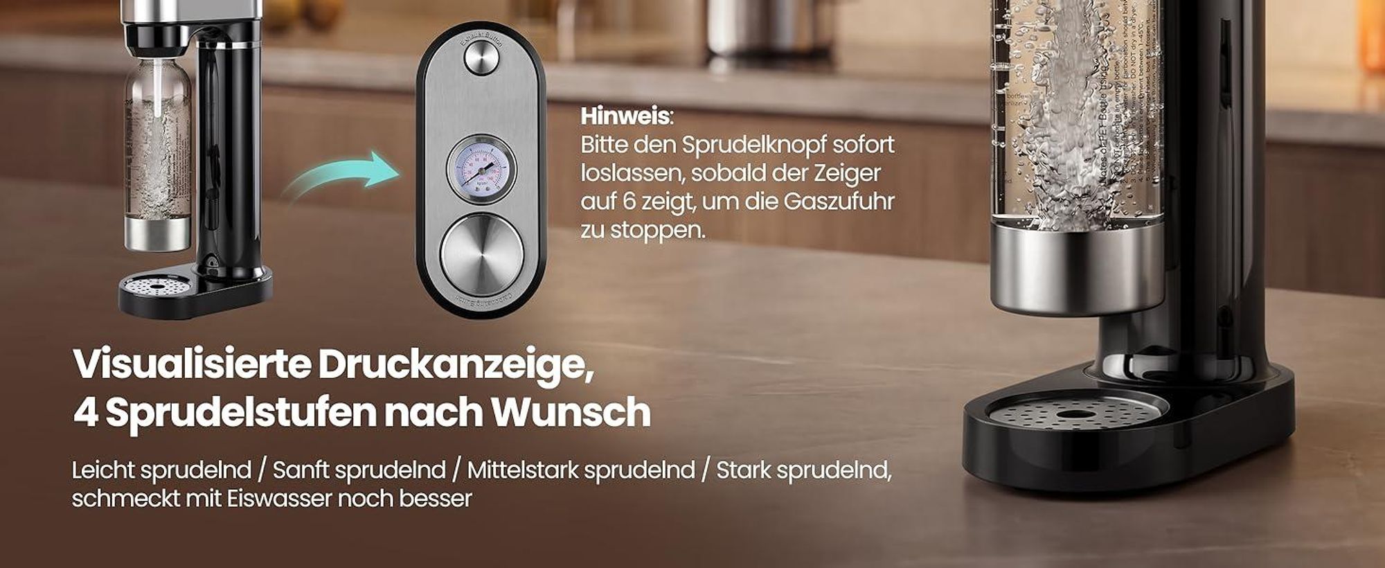 LLIVEKIT Wassersprudler, mit 4 einstellbaren Sprudelstufen, Schwarz