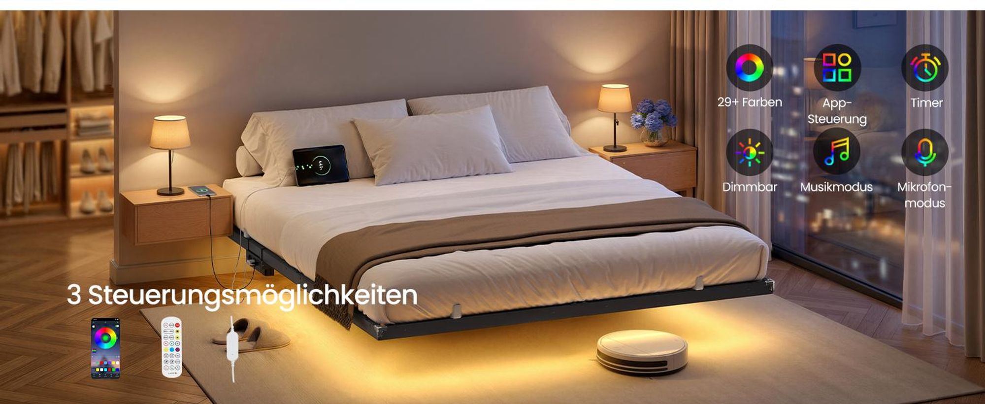 VASAGLE Bettgestell 180 x 200 cm mit LED-Beleuchtung, USB-C-Anschluss, Steckdosenleiste, Schlafzimmer, trägt bis 500 kg, schwarz
