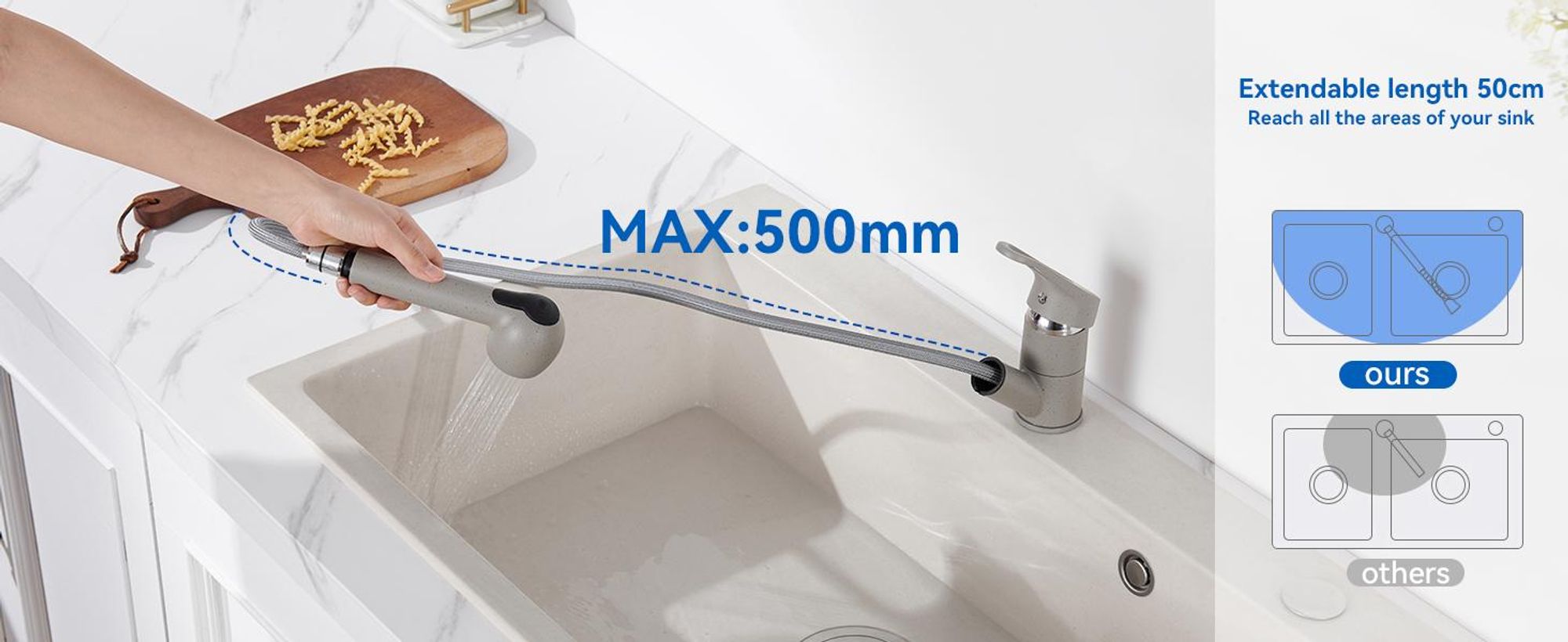 Küchenarmatur Grau Ausziehbar, 2 Strahlarten Massive Kupfer-Armatur Einhandmischer, Wasserhahn Küche mit Brause, Drehbar Spültischarmatur,Auralum MAX