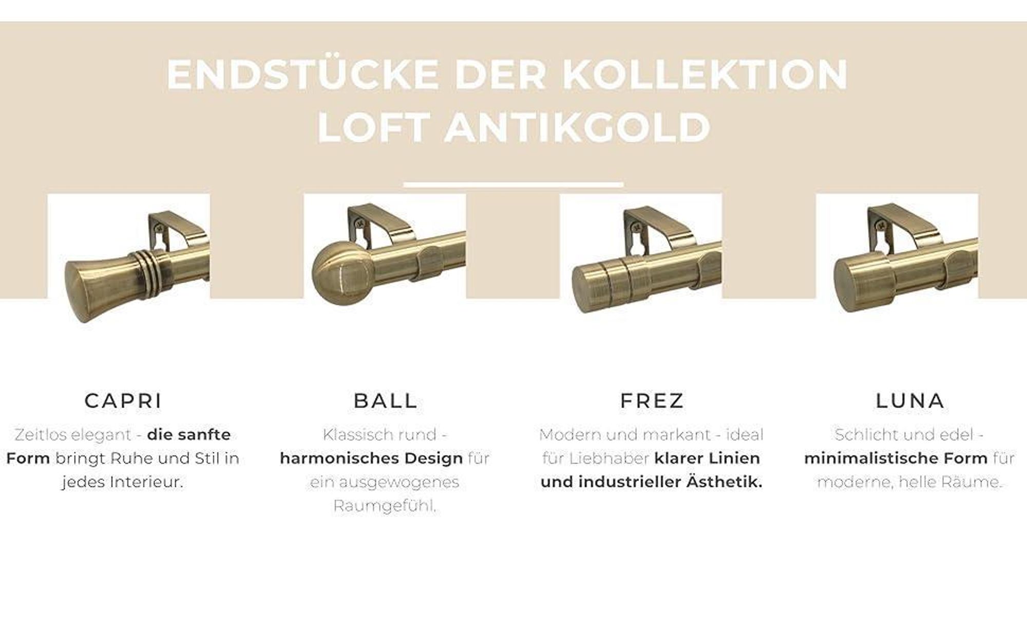 LOFT 320 cm Doppelte Gardinenstange 19 mm aus Metall mit Endstück FREZ Komplettset mit Ringen und Clips Inklusive Montagezubehörset Farbe Antikgold
