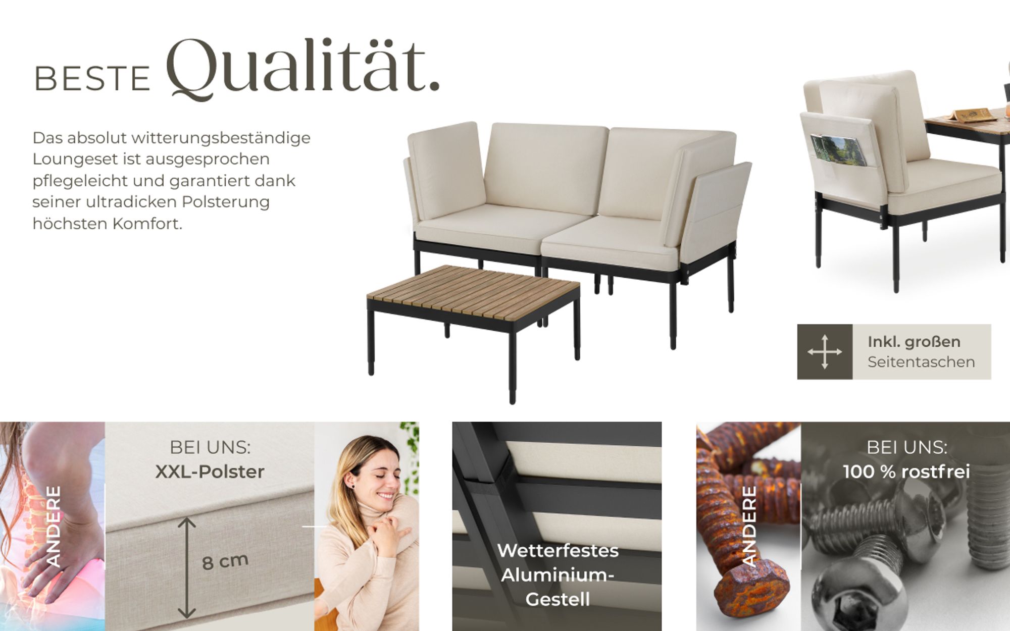 tectake® Aluminium Gartenlounge-Set Magaluf 5 in 1 Funktion, 5-fach verstellbare Lehne, dicke Polsterung