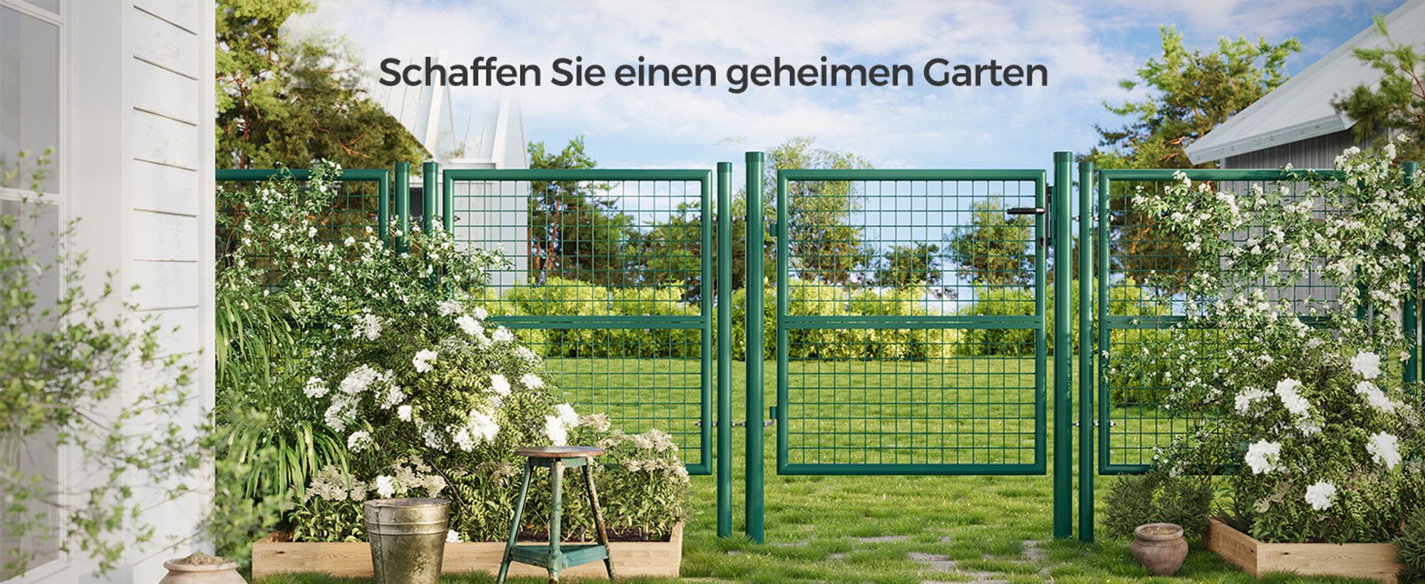 SONGMICS Gartentor, Gartentür, verzinkter Stahl, abschließbar, 106 x 100 cm, grün