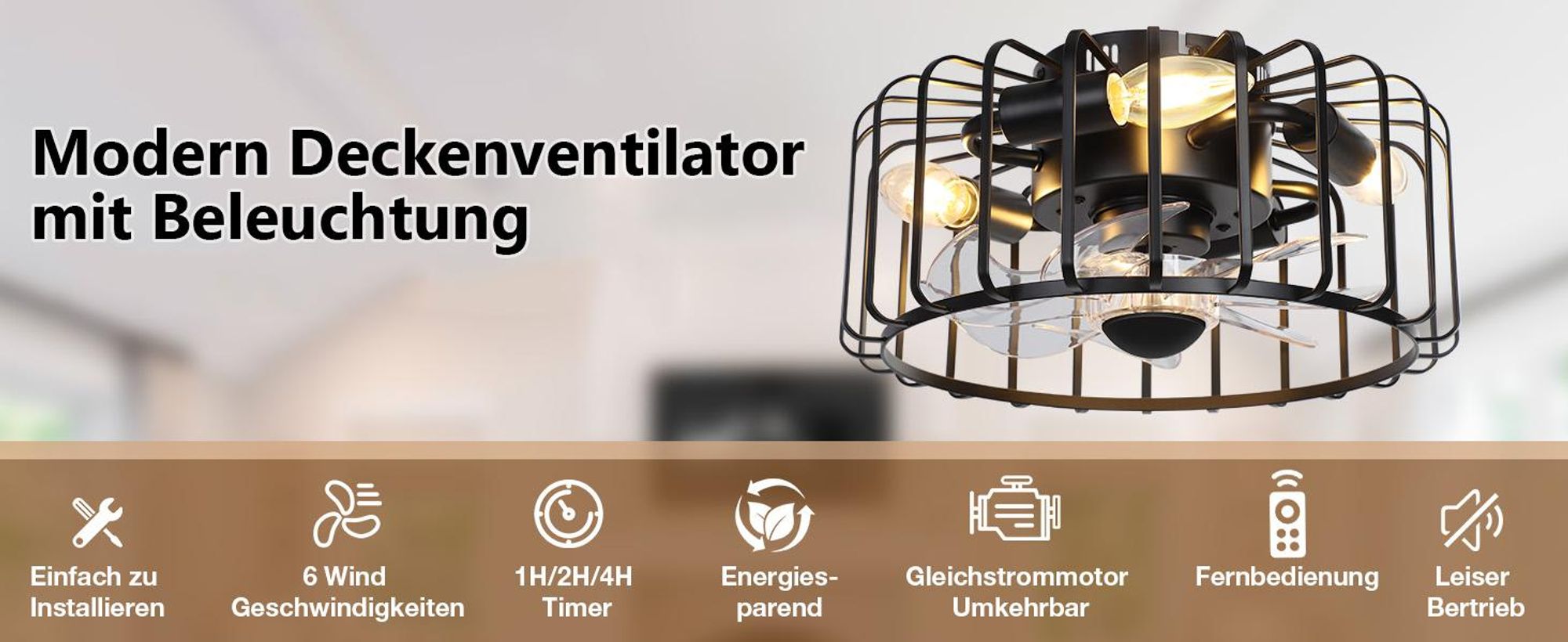 Deckenventilator mit Beleuchtung und Fernbedienung Metallkäfig DC Motor 4x E14 Glühbirnen 6 Stufige für Schlafzimmer, Wohnzimmer, Küche