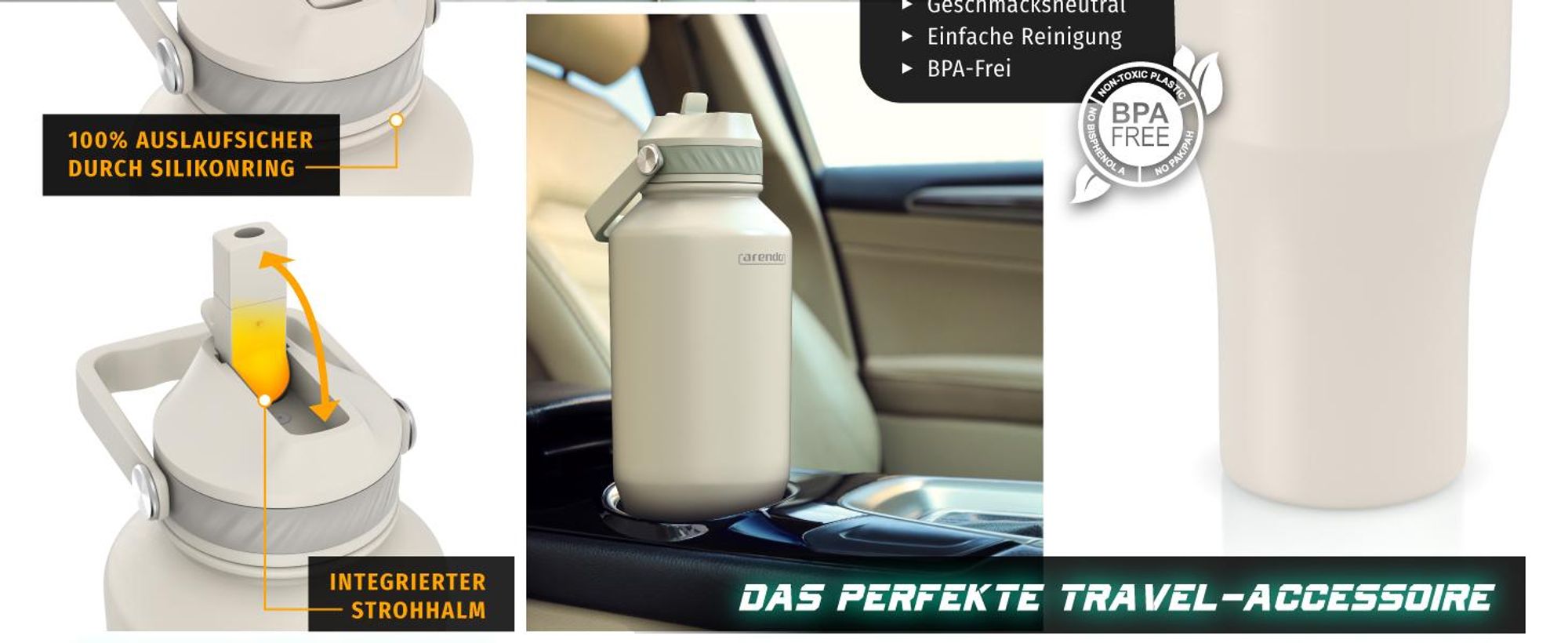 Arendo Thermobecher 1000 ml beige, Auslaufsicher mit Silikonring