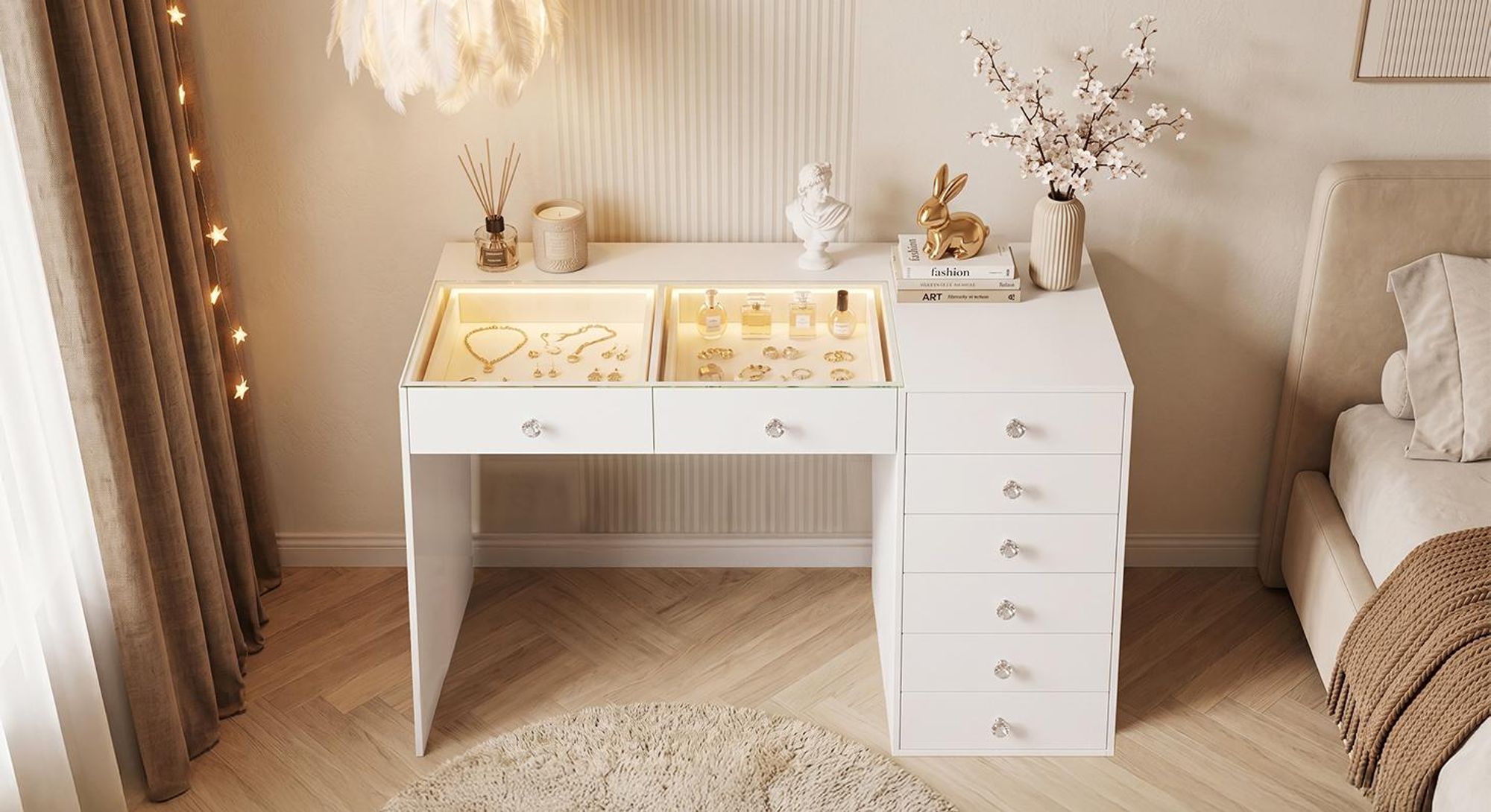 Tavolino da trucco VANITII con illuminazione LED, 8 cassetti, bianco, 120 x 55 x 81 cm