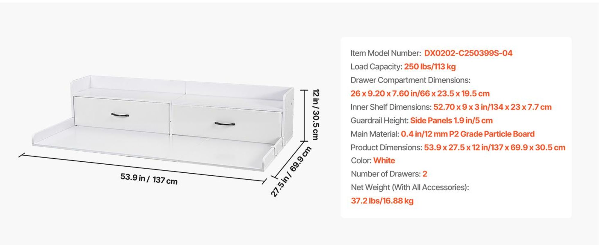 VEVOR Arbeitsplatte für Waschmaschine & Trockner (137 x 69,9 cm) mit Ablage & 2 Schubladen & Haken, für Wäscheschrank Speisekammer Küchentheke, 113 kg Belastbar, Weiß, Ablagefläche für Waschmittel