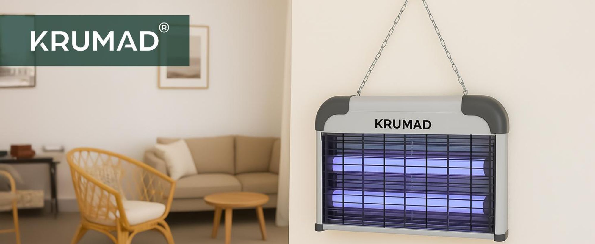 KRUMAD Insektenvernichter Elektrisch 30W – UV Mückenlampe mit Kette zum Aufhängen – Fliegenfalle für Innenbereich, leise & chemikalienfrei, bis 80 m²