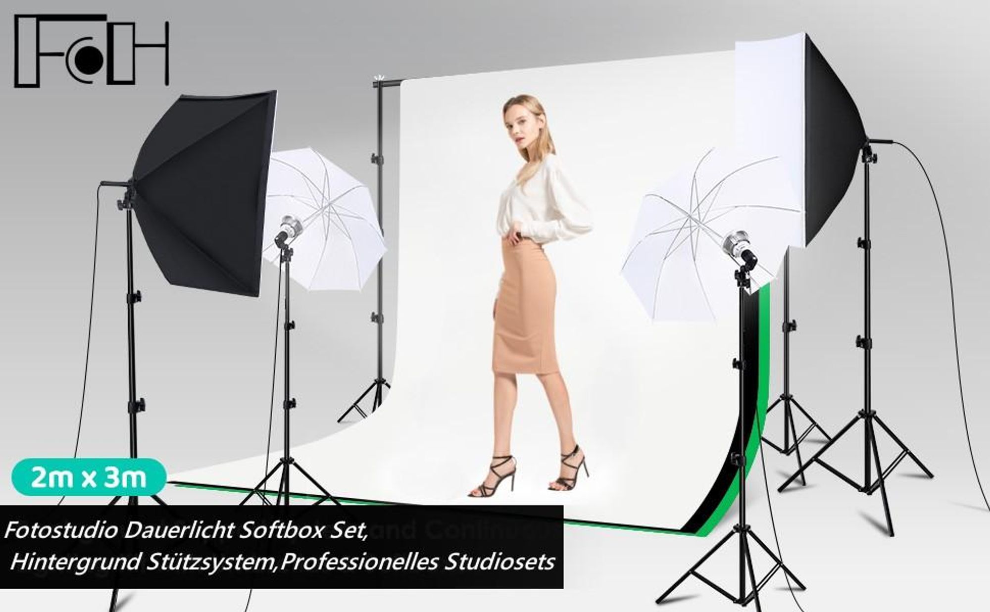 FCH Fotostudio Dauerlicht Softbox Set, Hintergrund Stützsystem,Professionelles Studiosets inkl. Reflektor für Anfänger, Porträts, Produktfotografie