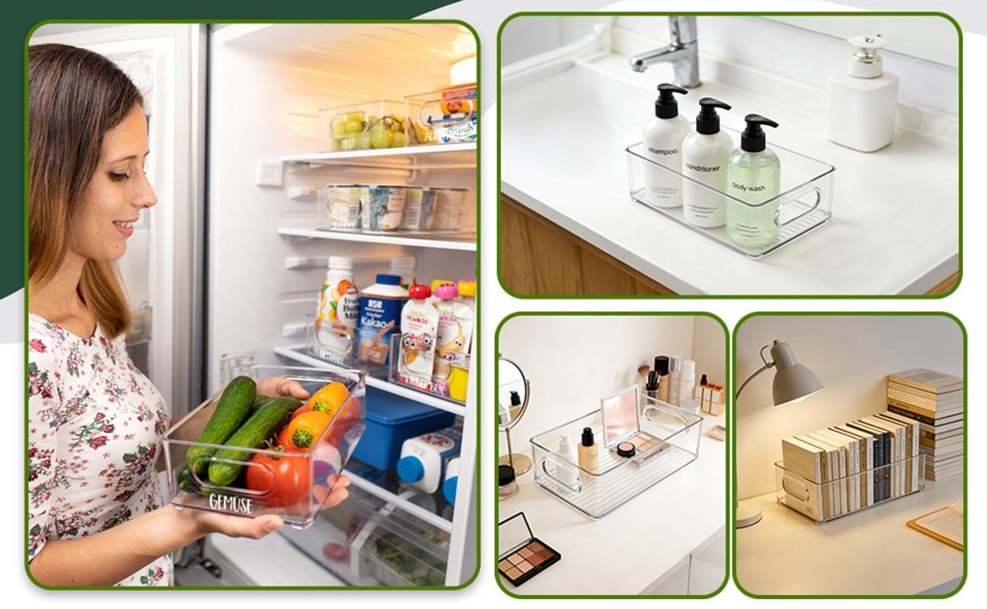 6er Set  Kühlschrank Organizer, mit 16 Aufkleber, Aufbewahrungsbox Organisation Stapelbare Fridge Organizer Box für Küchen, Kühlschrank, Schränke