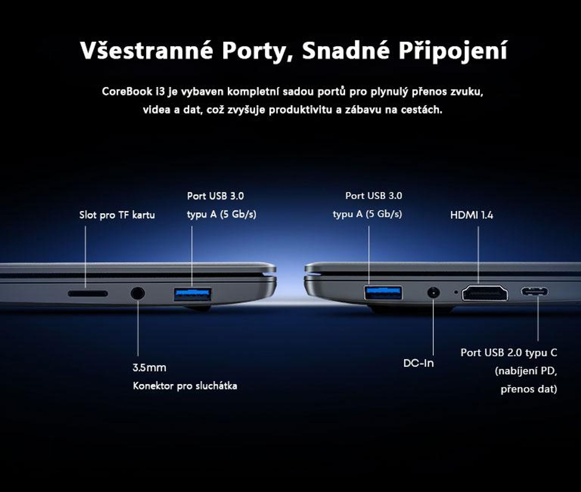 Notebook CHUWI CoreBook-K1 s procesorem i3-10100Y, 14" FHD IPS displejem, 8 GB RAM, 256 GB SSD, Bluetooth a Windows 11