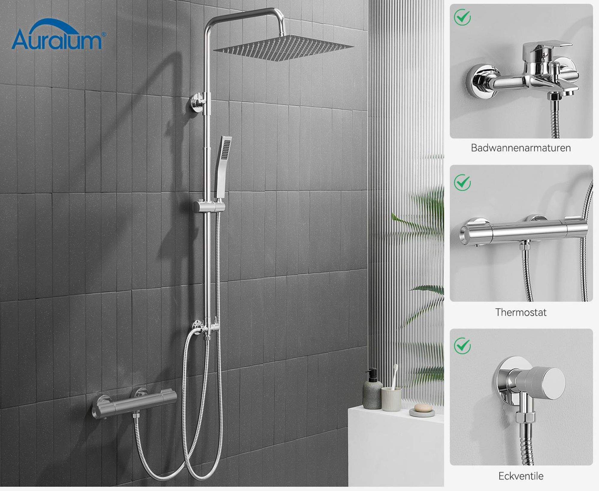 Auralum Regendusche Duschsystem Edelstahl 30x30 cm eckig, Duschset ohne Armatur, Regendusche Chrom, höhenverstellbare Duschstange, mit Wasserteiler