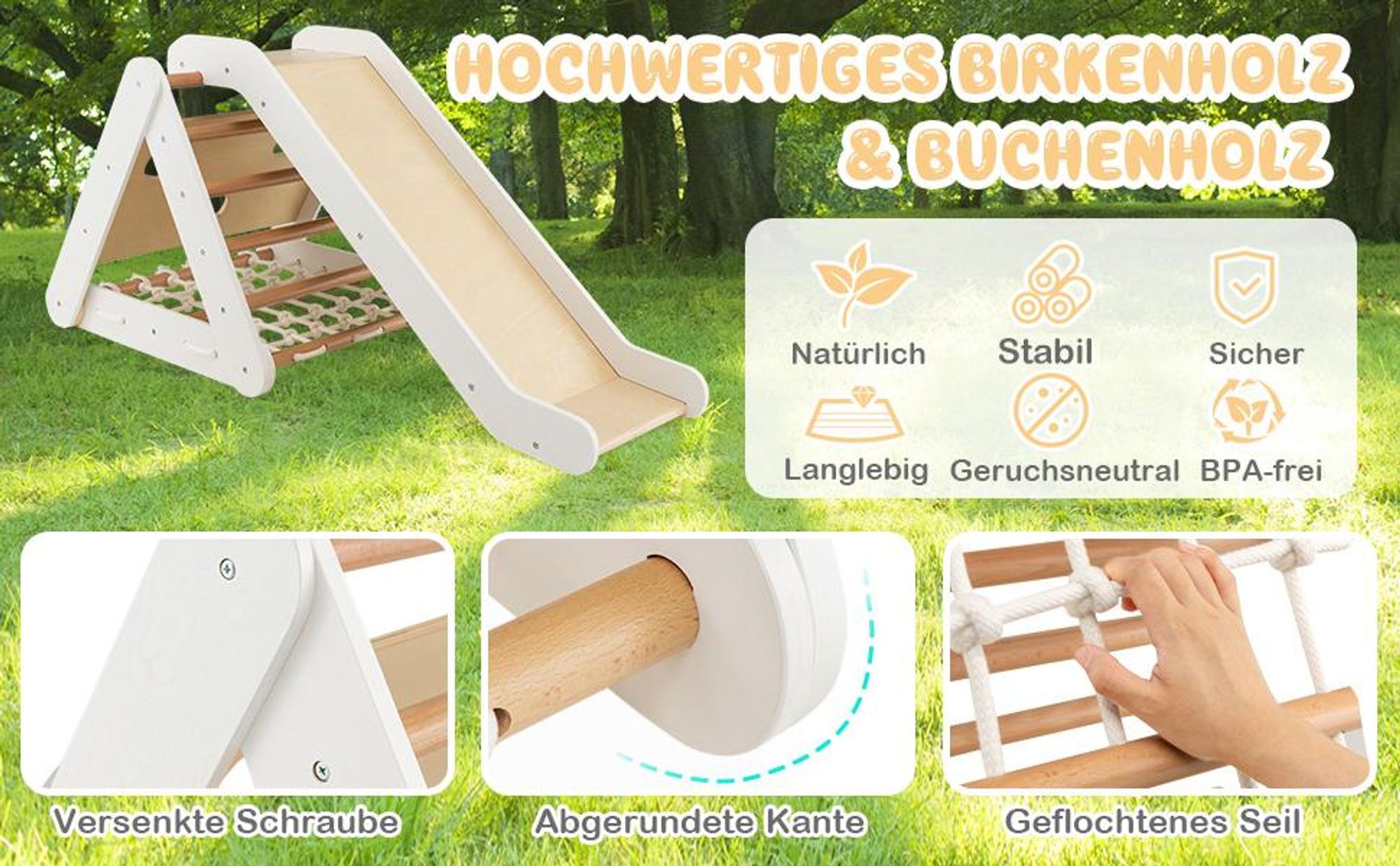 COSTWAY 4in1 Kletterdreieck indoor mit Rutsche&Klettern, Klettergerüst aus Holz, Sprossendreieck, Kletterspielzeug Kletterdreiecken für kinder 1+Grau