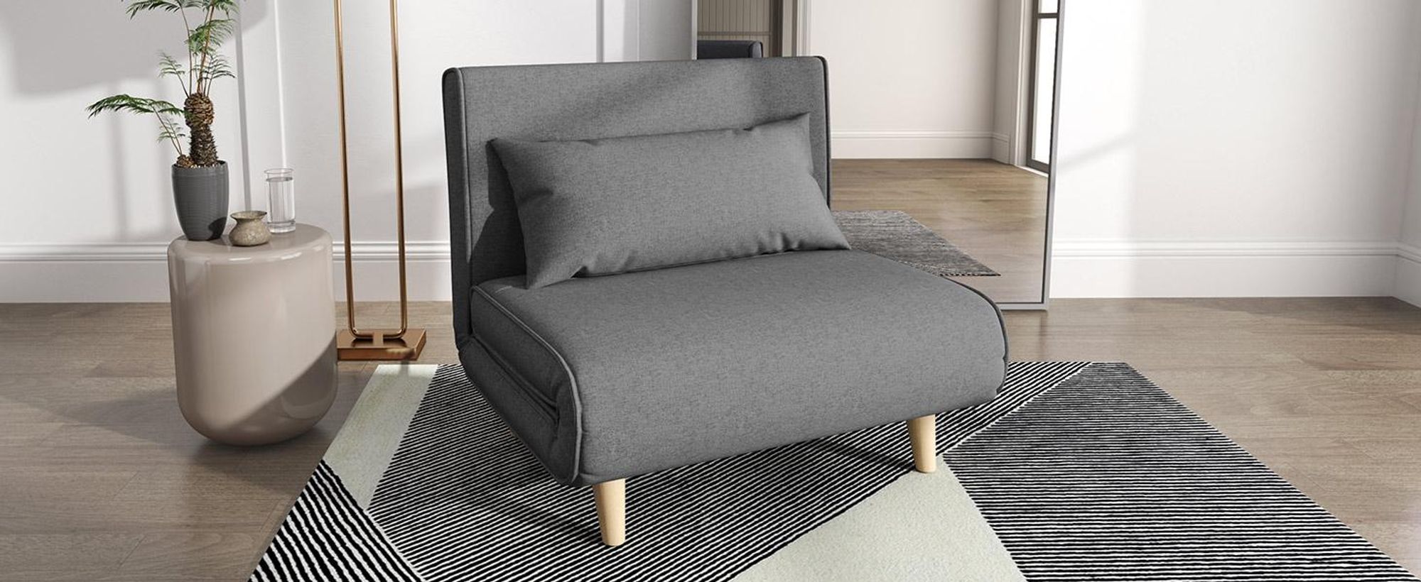 HOMCOM Einzelsofa Schlafsofa Sofabett Klappsofa verstellbar Rückenlehne Liege nordisch skandinavisch 25D Schaumstoff Haus Leinenimitat Tannenholz Grau 94 x 78 x 80 cm