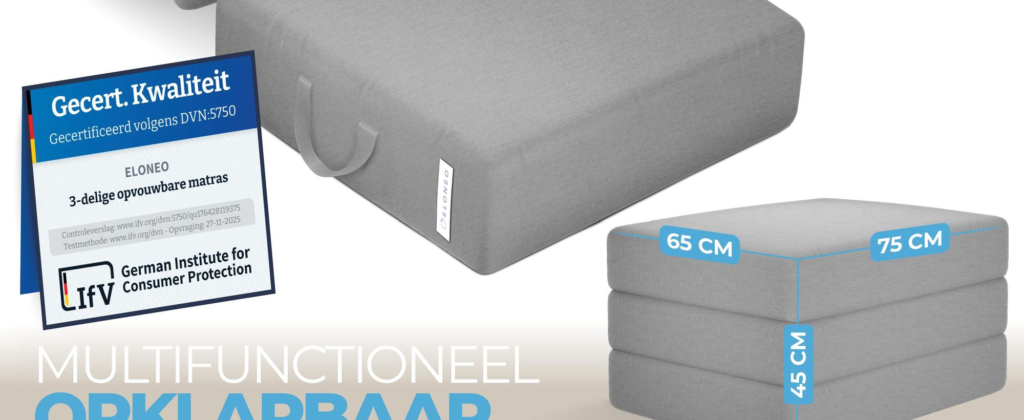 ELONEO Opklapbare matras, gastenmatras, 3-delige opvouwbare matras, extra dik schuim (15 cm), geschikt voor mensen met rugproblemen, opklapbaar, opvouwbare matras (grijs)