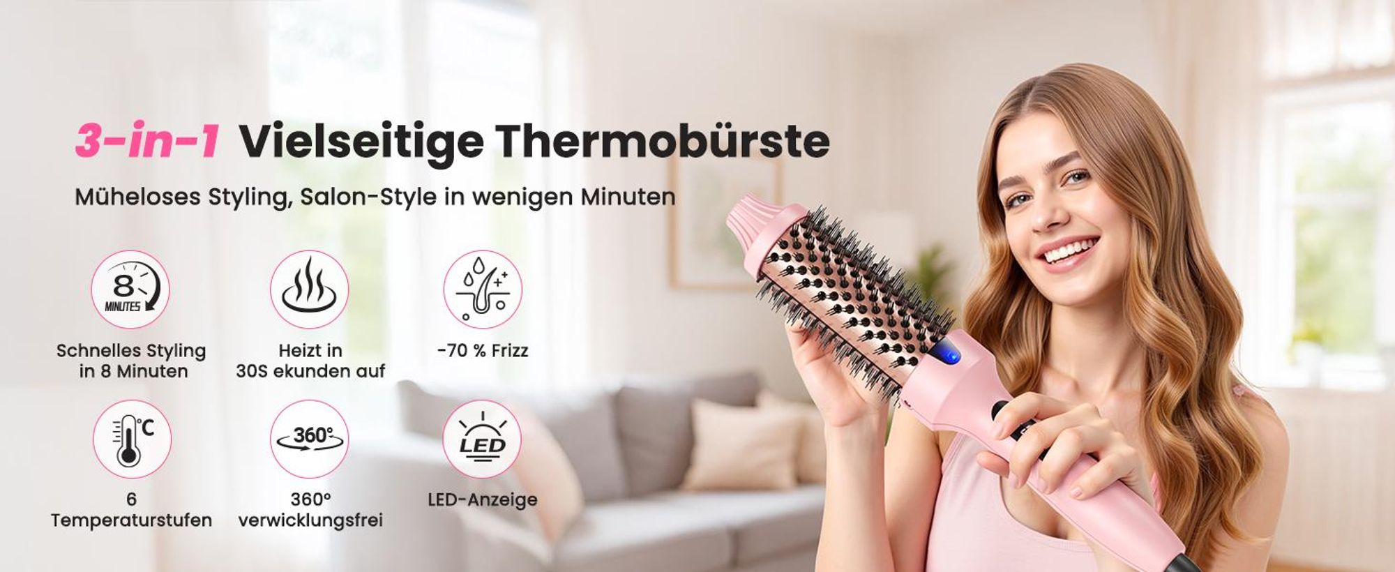 Elektrische Thermobürste, Lockenstäbe, Ionische Rundbürste mit Infrarot, Föhnbürste, 10 Temperaturstufen, Haar schonend, Nur trockenes Haar