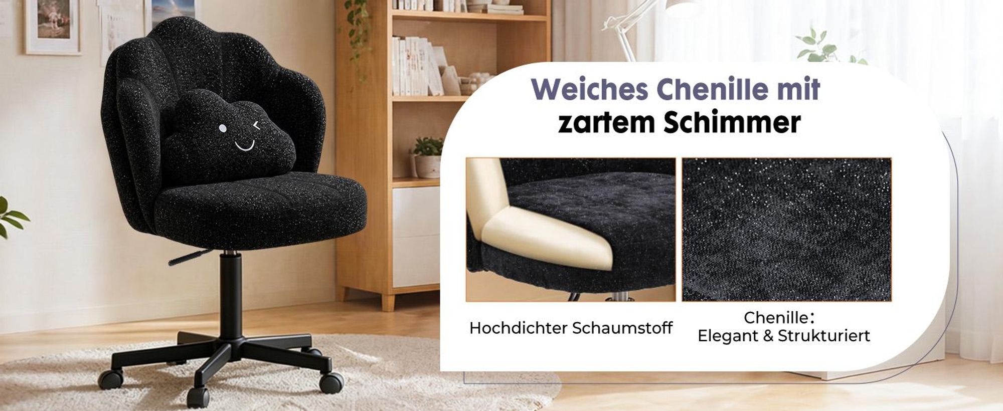 COMHOMA Schreibtischstuhl Bürostuhl, Schminkstuhl mit Rollen Rückenlehne und Wolkenkissen, Höhenverstellbarer Drehstuhl, Schimmernde Chenille, Schwarz