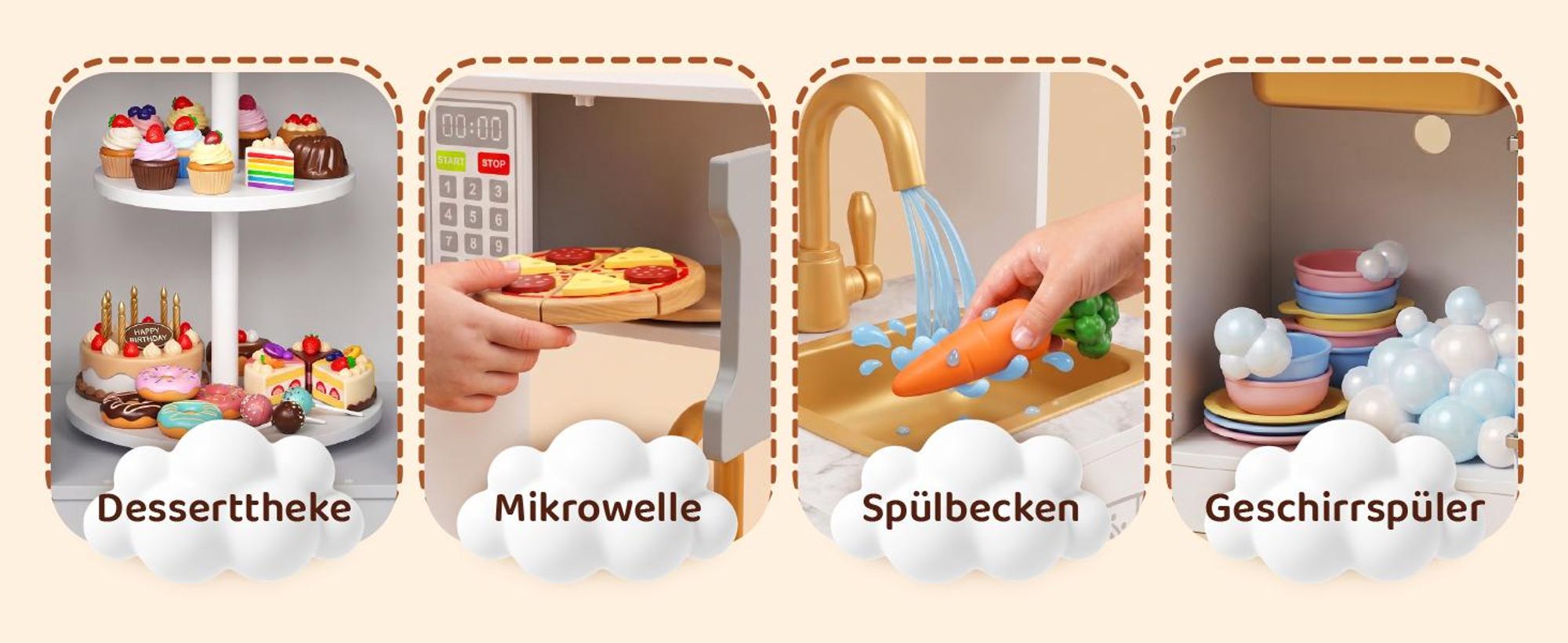 LEADZM Multifunktionale Spielküche Kinderküche aus Holz, Eck‑Design mit Kühlschrank, Waschmaschine, Backofen, Dreh‑Desserttisch, Metall‑Kochzubehör‑Set