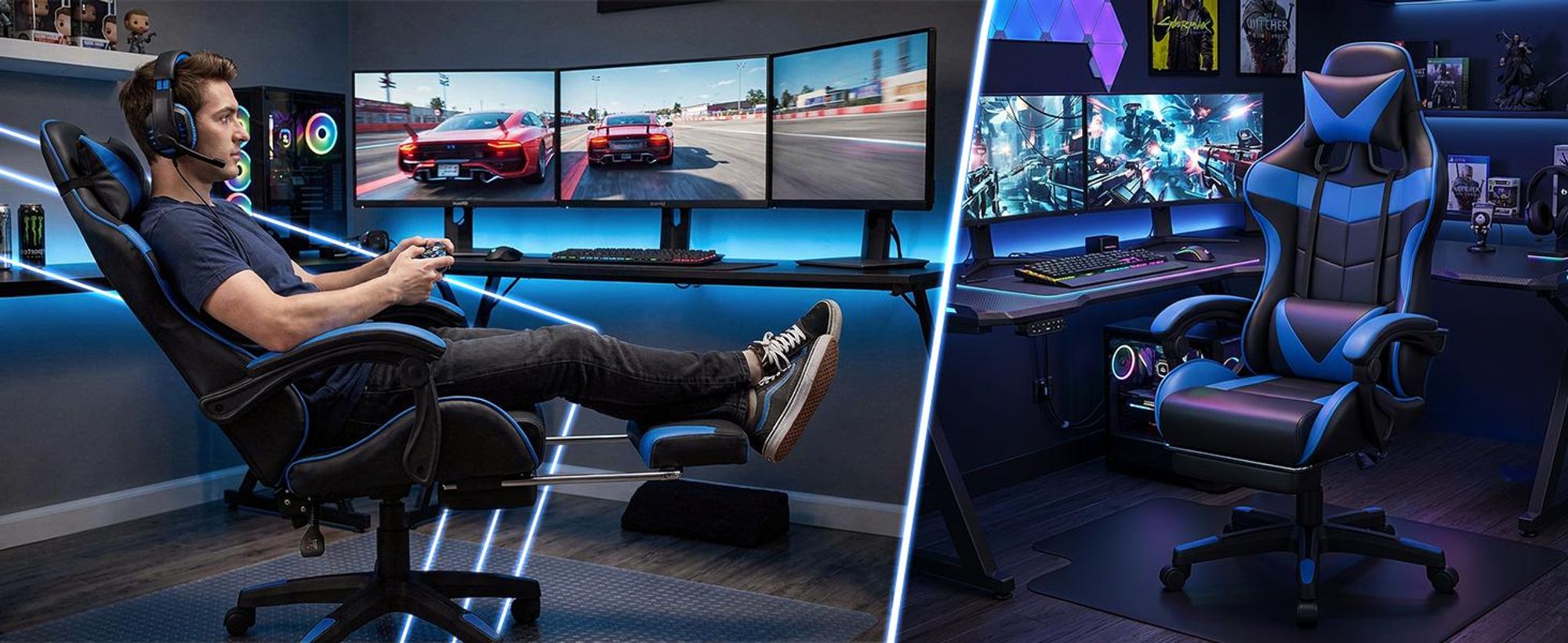 Gaming Stuhl Bürostuhl Schreibtischstuhl mit Fußstütze, Verstellbare Rückenlehne Kopfkissen Lendenkissen, Kunstleder, Drehstuhl, Computerstuhl, Retoo