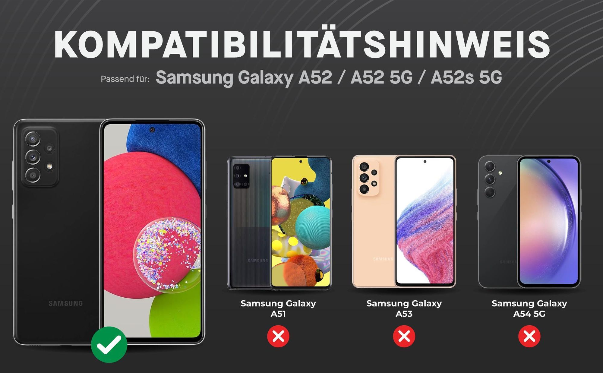 Kompatibilitätshinweise Displayglas für Samsung Galaxy A52 / A52 5G / A52s 5G