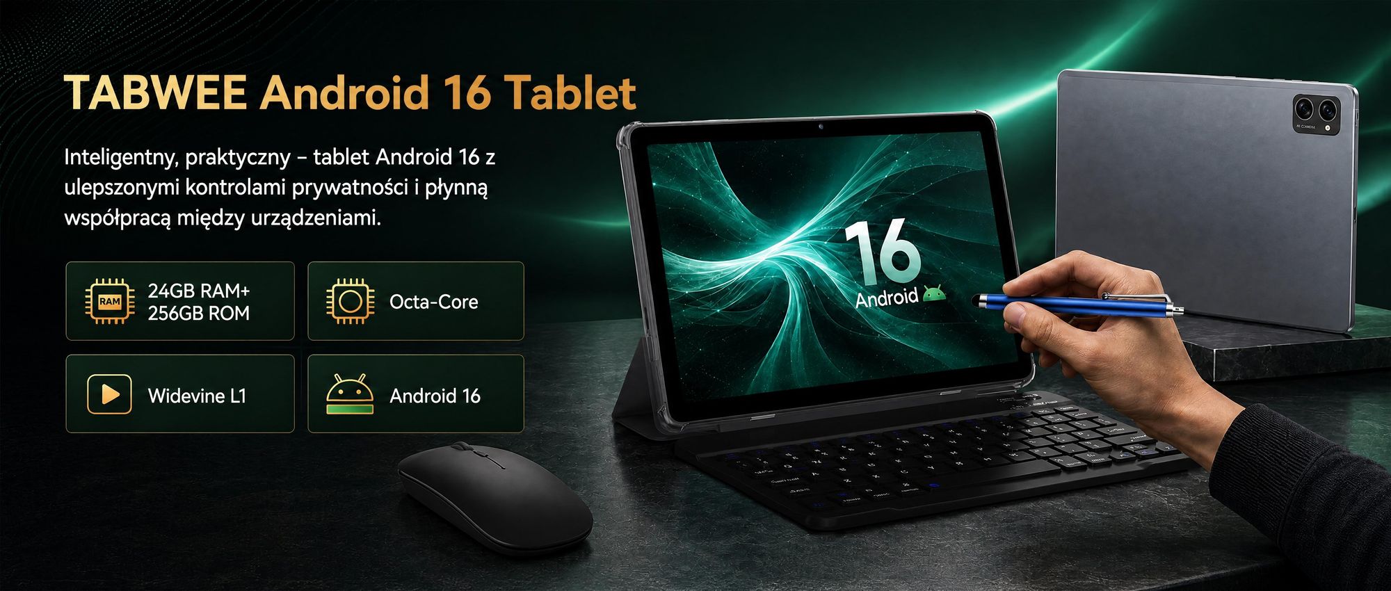 Tablet TABWEE T20 z systemem Android 16, ekran 10,1 cala, 24 GB (8+16) pamięci RAM + 256 GB pamięci ROM (karta TF do 2 TB) wraz z akcesoriami, Widevine L1, 5G, Wi-Fi, Gemini AI